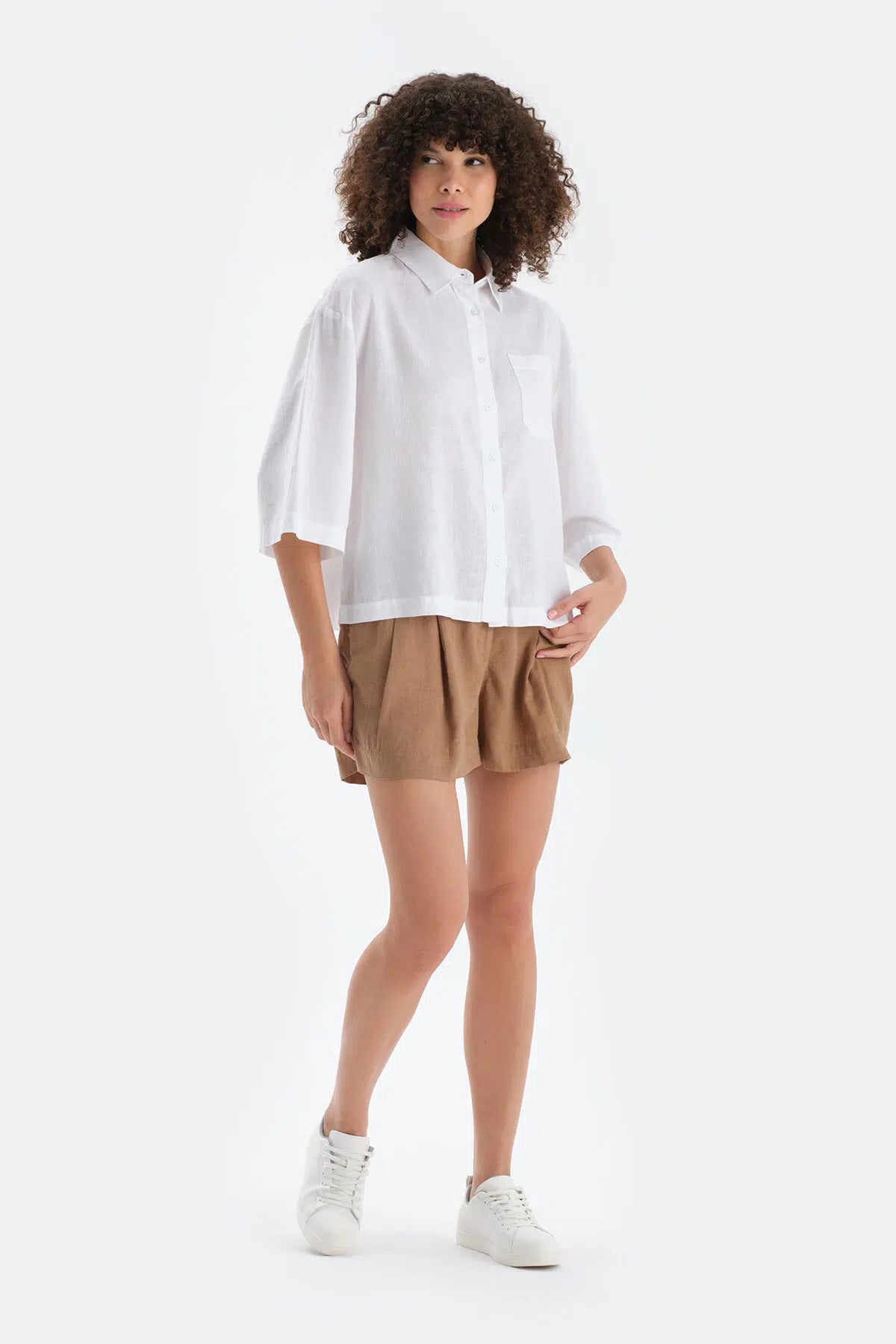 Kahverengi Keten Dokuma Şort