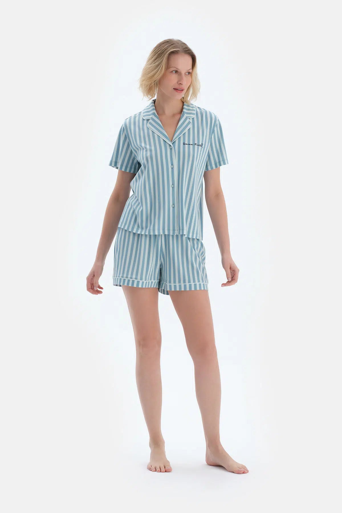 Ada Çayı Çizgi Baskılı Nakışlı Pamuk Modal Gömlek Şort Pijama Takımı