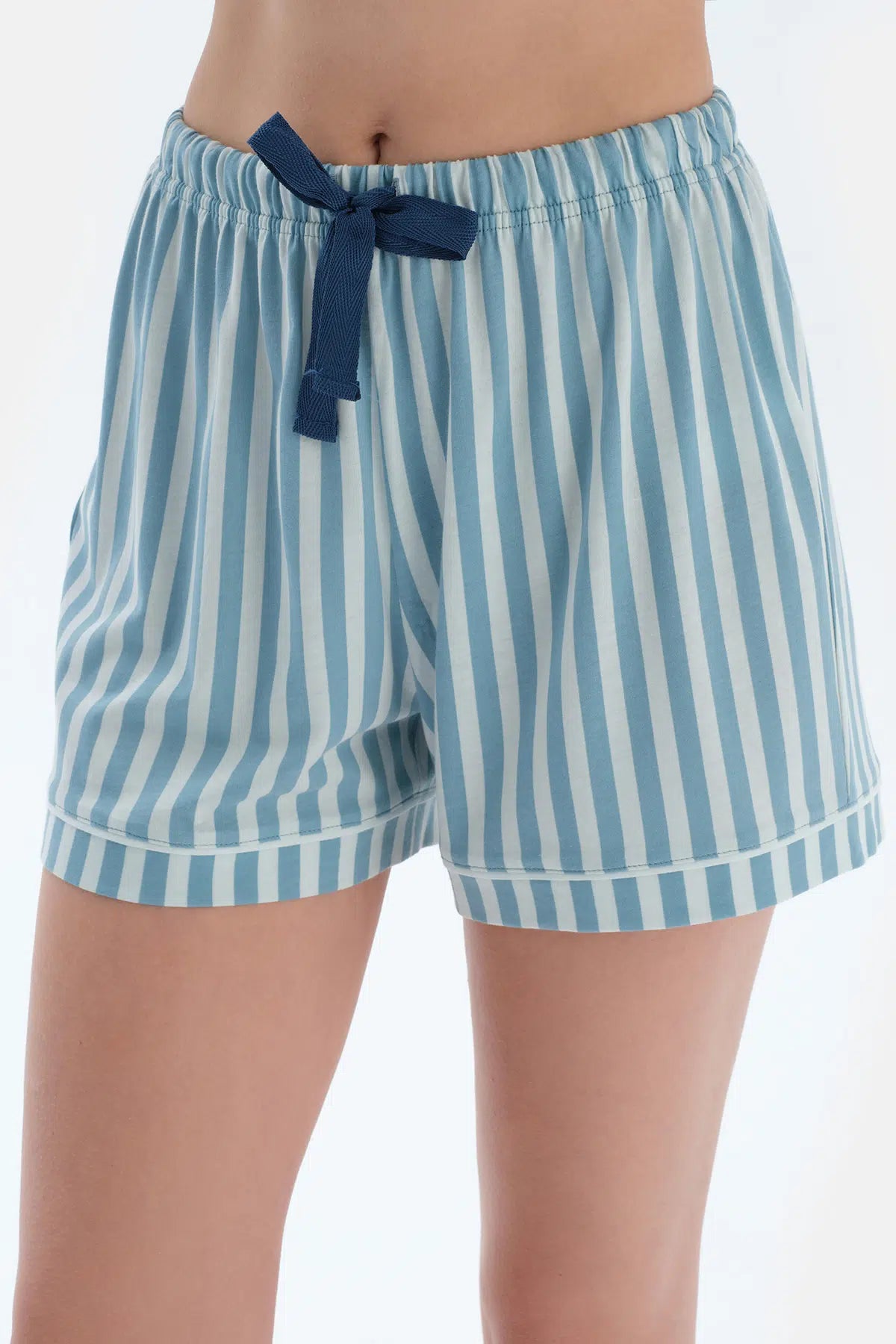 Ada Çayı Çizgi Baskılı Nakışlı Pamuk Modal Gömlek Şort Pijama Takımı