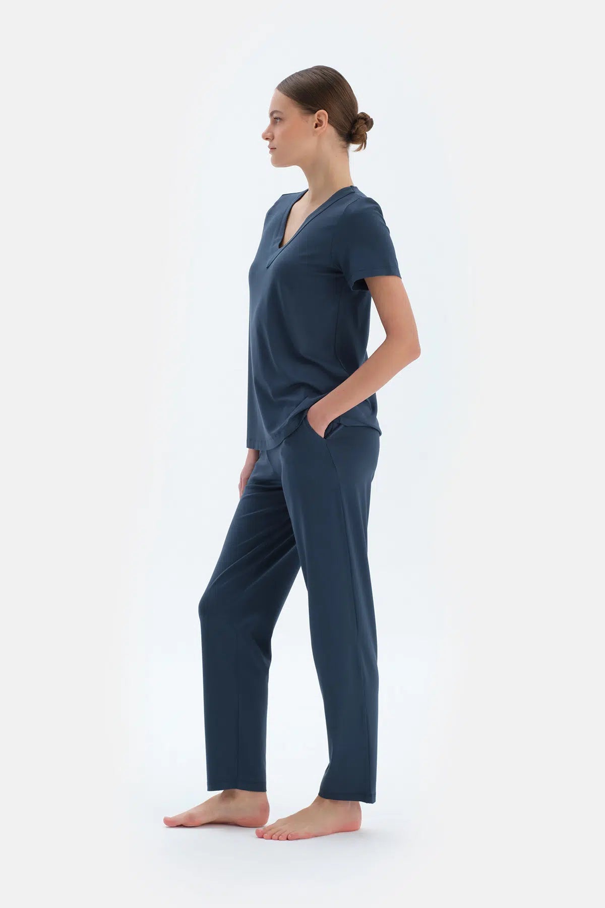 Indigo V Yaka Viskon Tişört Pantolon Pijama Takımı