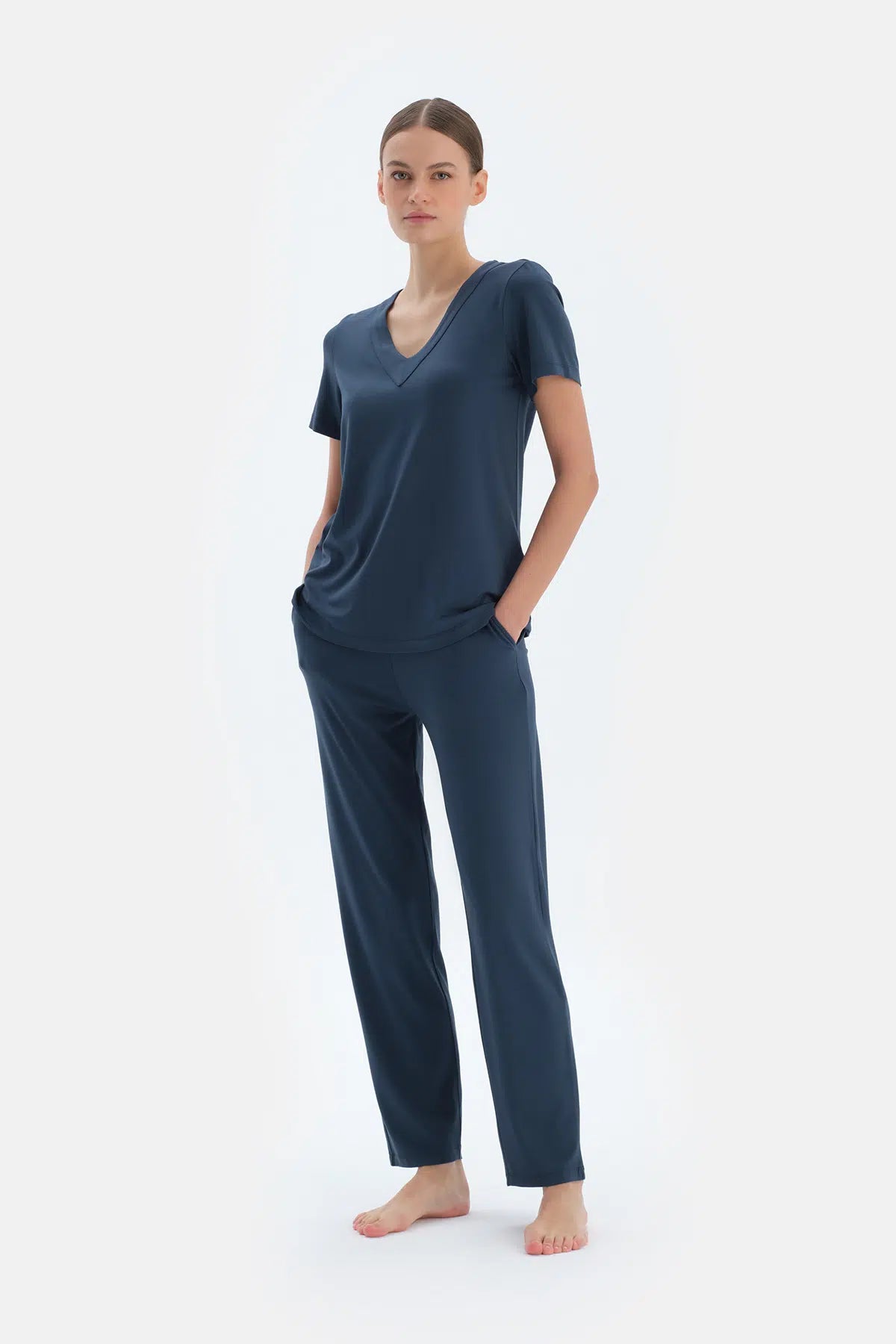 Indigo V Yaka Viskon Tişört Pantolon Pijama Takımı