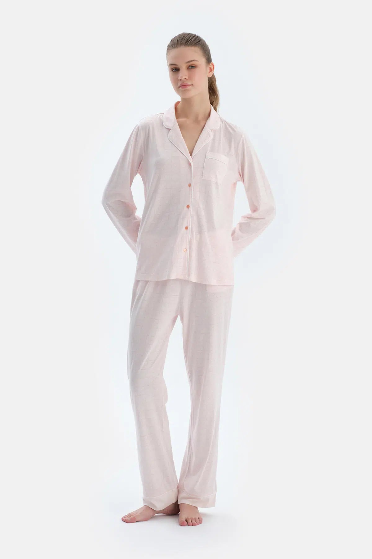 Açık Pembe Metraj Kalp Baskılı Gömlek Pantolon Pijama Takımı