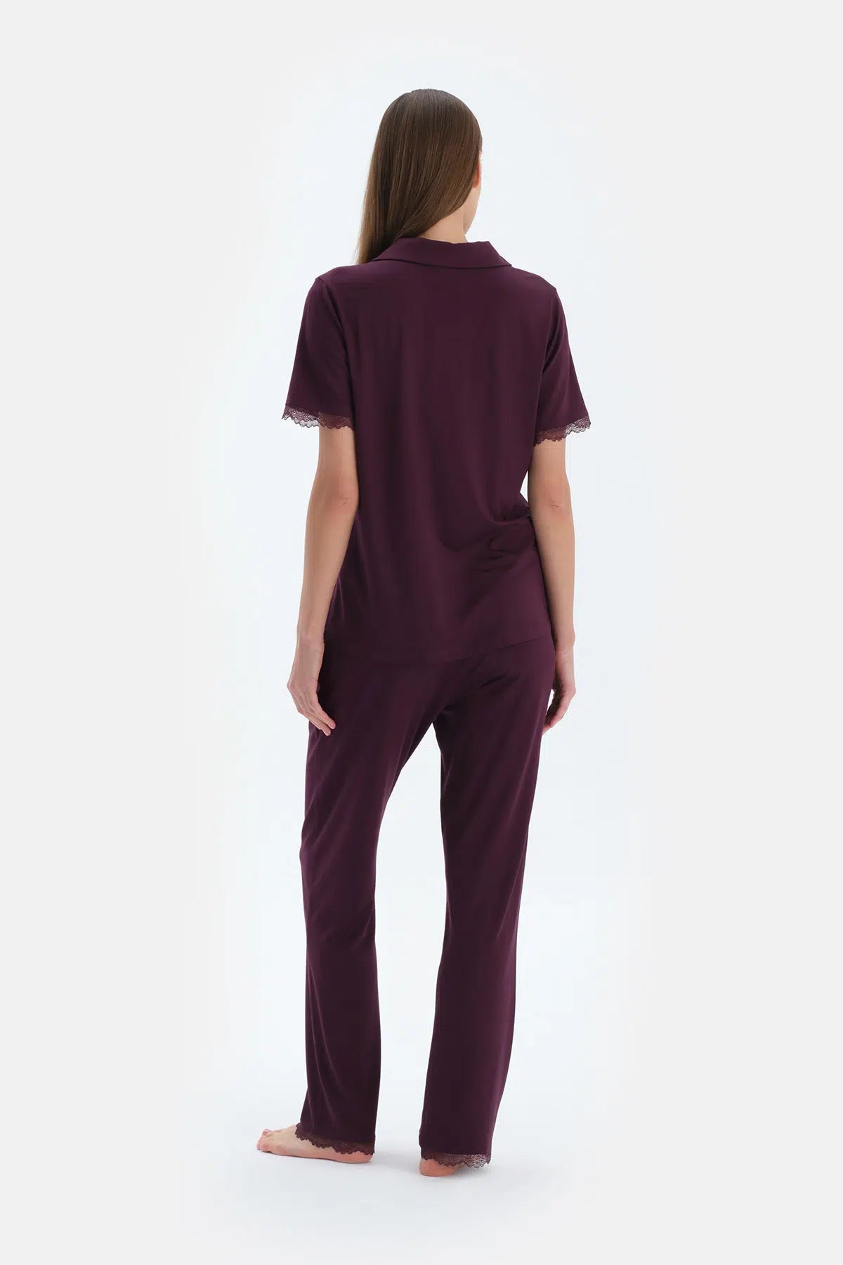 Mürdüm Nakış Ve Dantel Detaylı Gömlek Pantolon Pijama Takımı