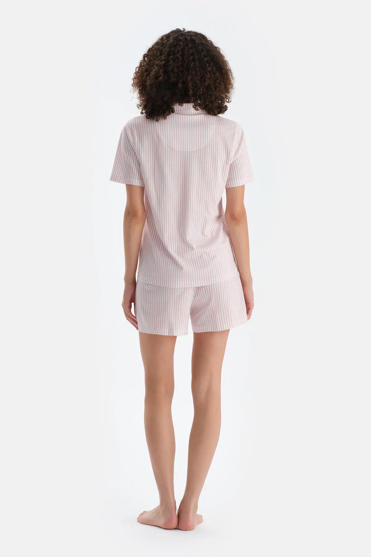 Açık Pembe Çizgili Penye Modal Gömlek Şort Pijama Takımı