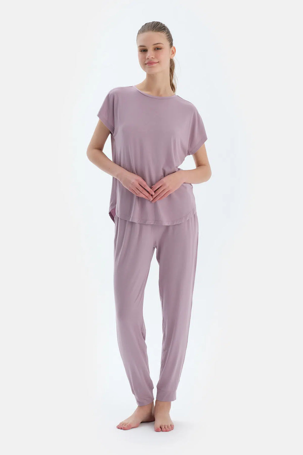 Açık Lila Düşük Kollu Modal Tişört Pantolon Pijama Takımı
