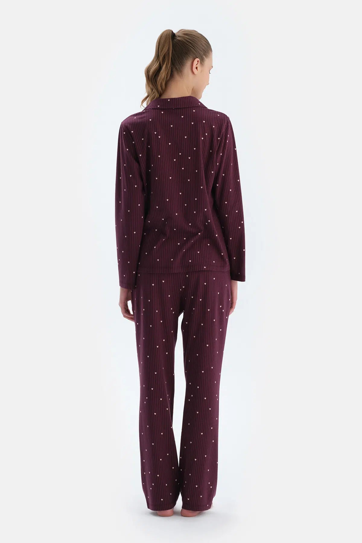 Bordo Kalp Ve Çizgi Baskılı Penye Modal Gömlek Pantolon Pijama Takımı