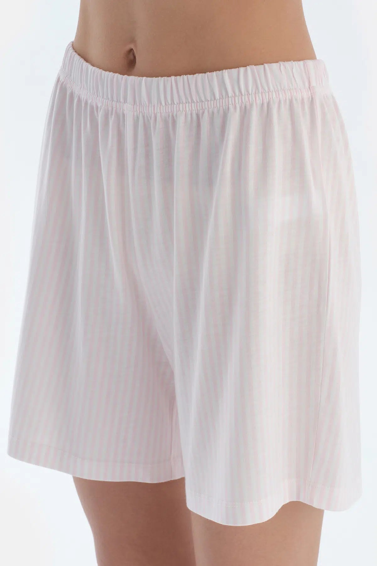 Açık Pembe Nakış Detaylı Çizgili Penye Modal Gömlek Şort Pijama Takımı