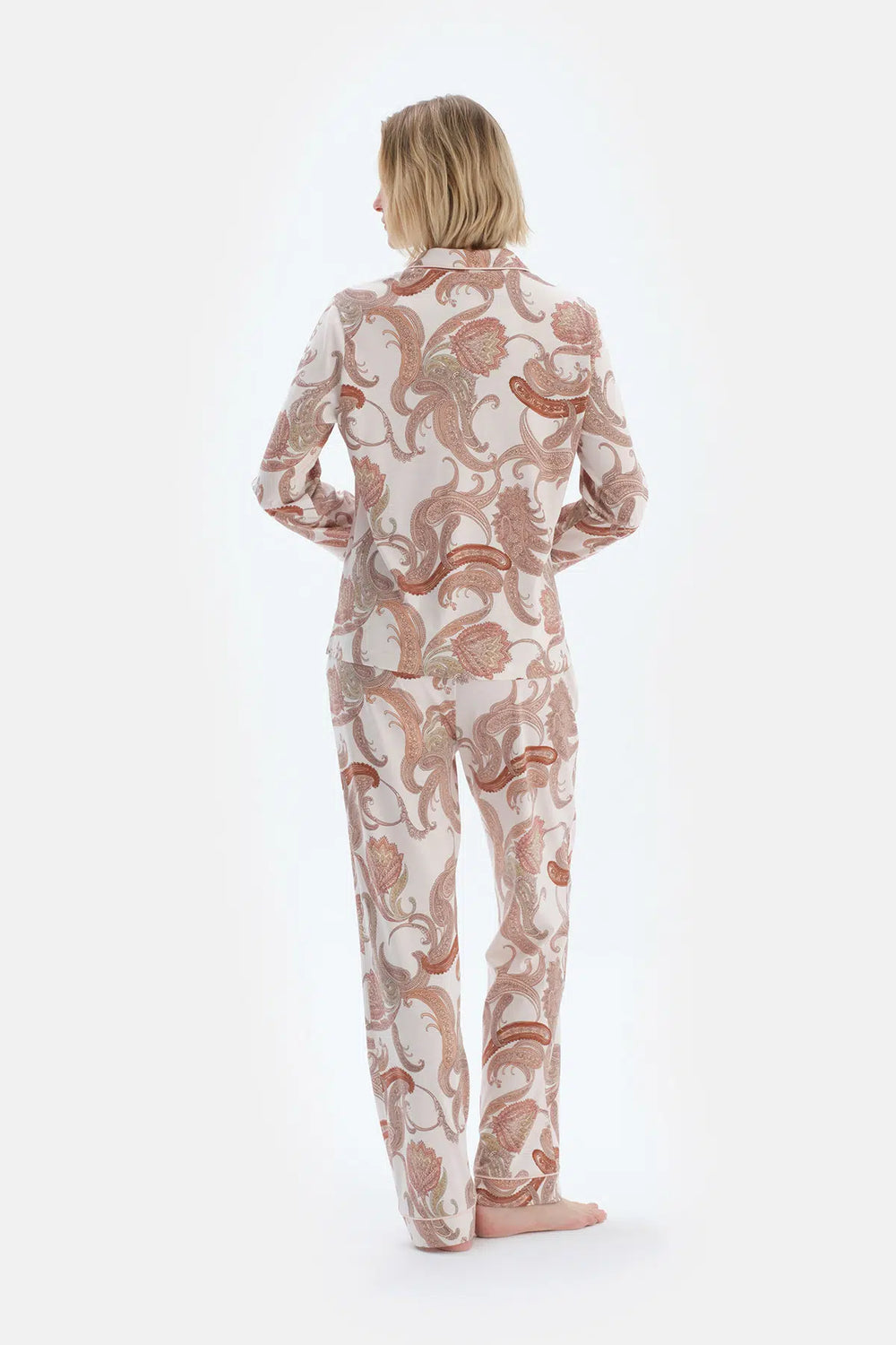 Açık Pembe Şal Desenli Penye Modal Gömlek Pantolon Pijama Takımı