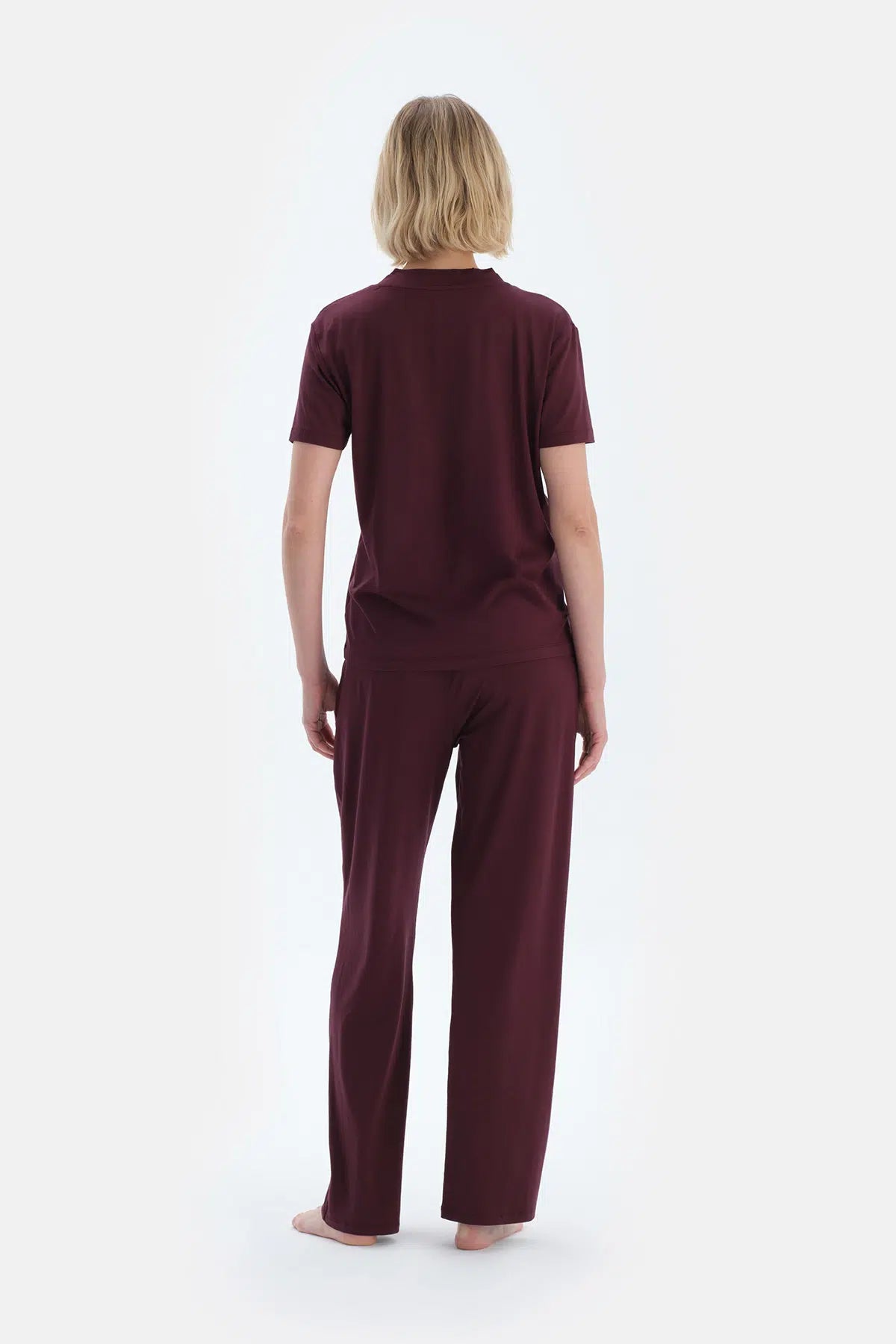 Bordo V Yaka Kısa Kollu Viskon Tişört Pantolon Pijama Takımı