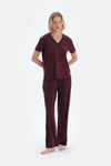 Bordo V Yaka Kısa Kollu Viskon Tişört Pantolon Pijama Takımı
