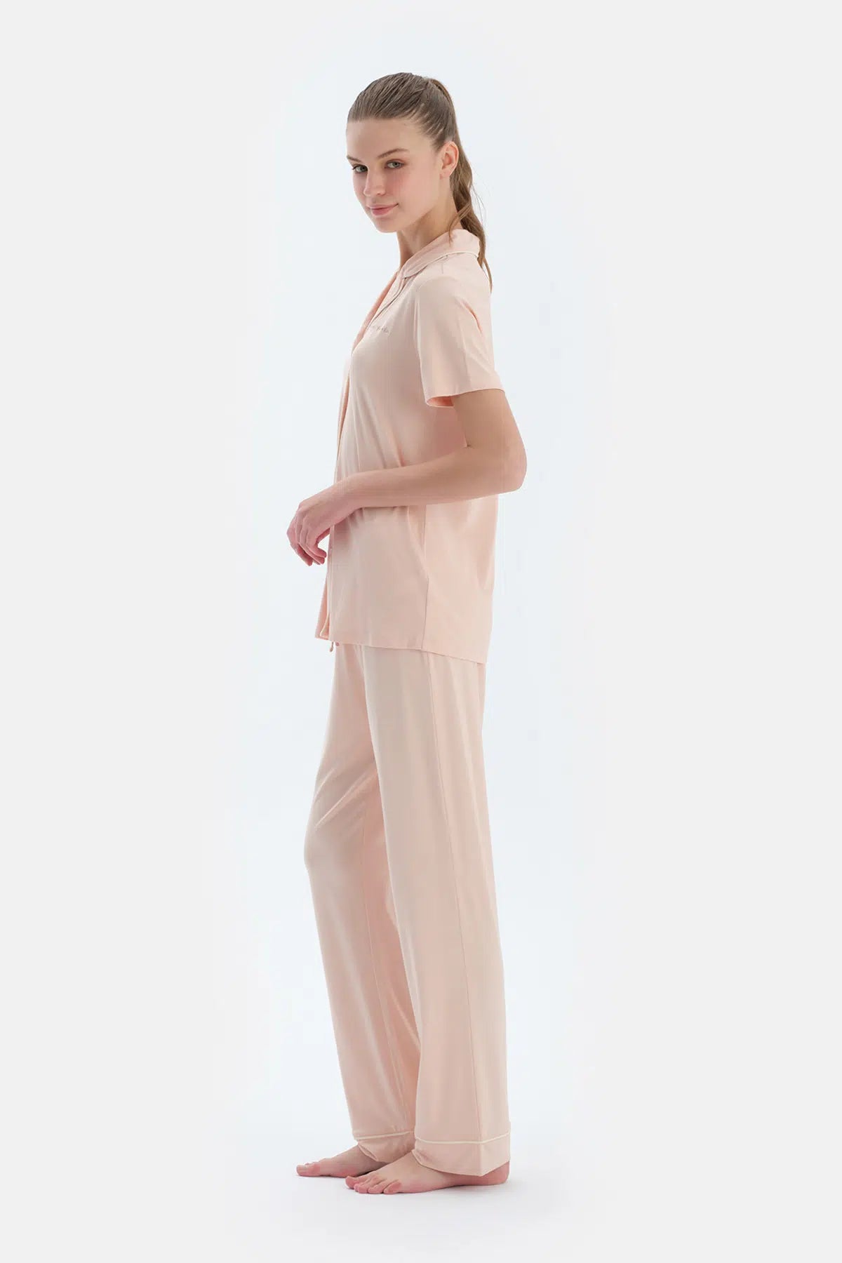 Sütlü Kahve Kısa Kollu Basıc Gömlek Pantolon Pijama Takımı