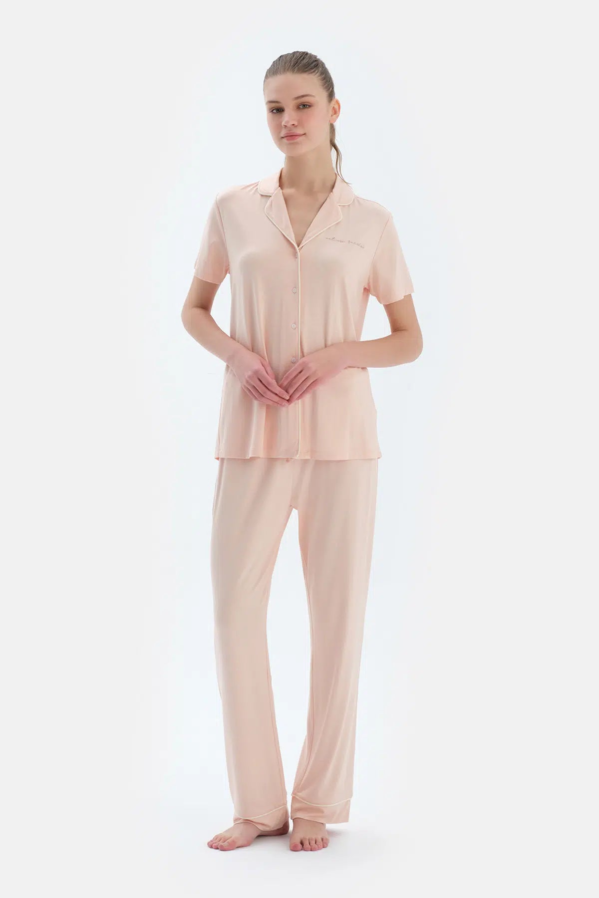 Sütlü Kahve Kısa Kollu Basıc Gömlek Pantolon Pijama Takımı