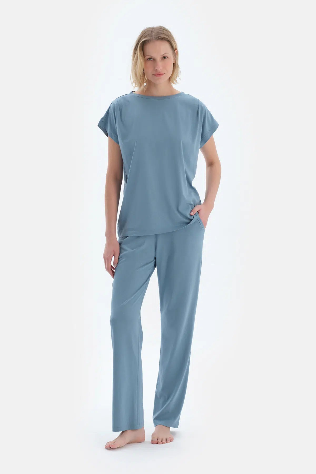 Mavi Düşük Kollu Basıc Tişört Pantolon Pijama Takımı