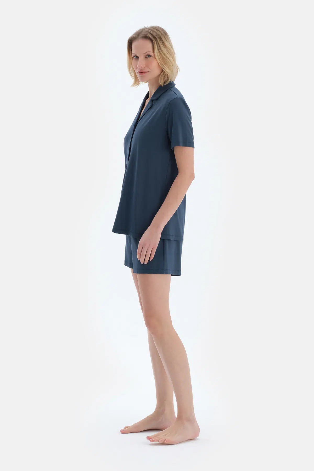 Lacivert Dokuma Etiket Detaylı Basıc Gömlek Şort Pijama Takımı