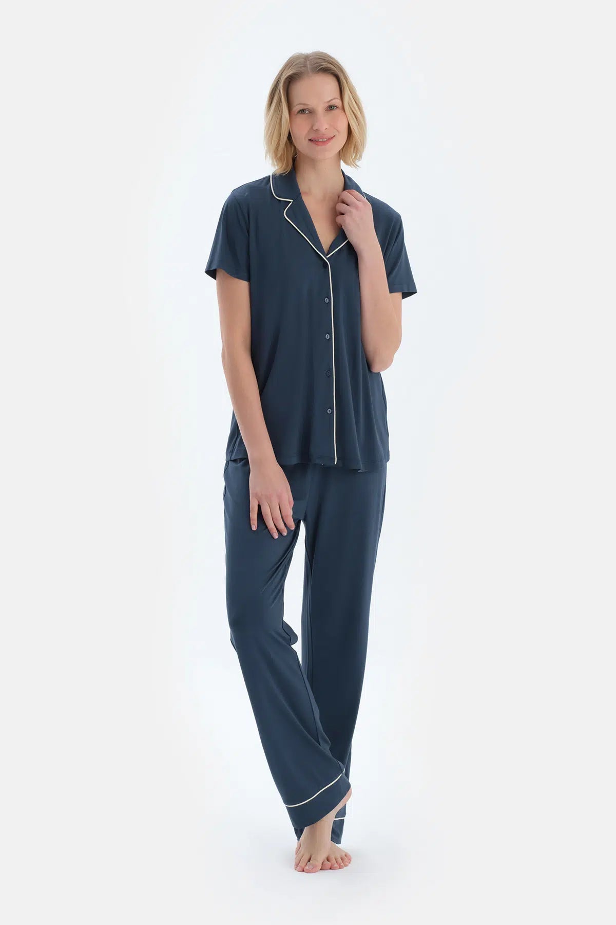 Lacivert Kısa Kollu Basıc Gömlek Pantolon Pijama Takımı