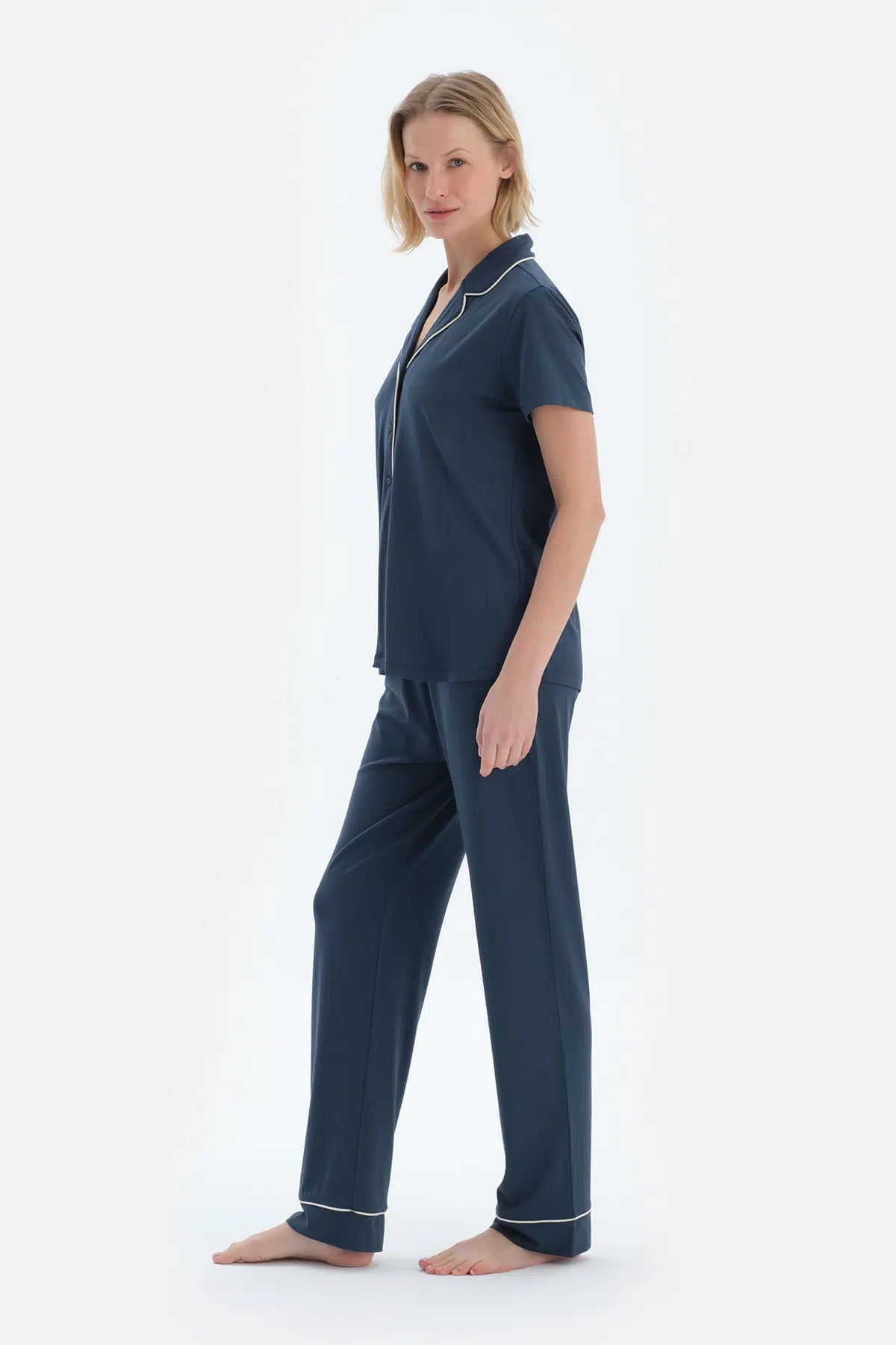 Lacivert Kısa Kollu Basıc Gömlek Pantolon Pijama Takımı