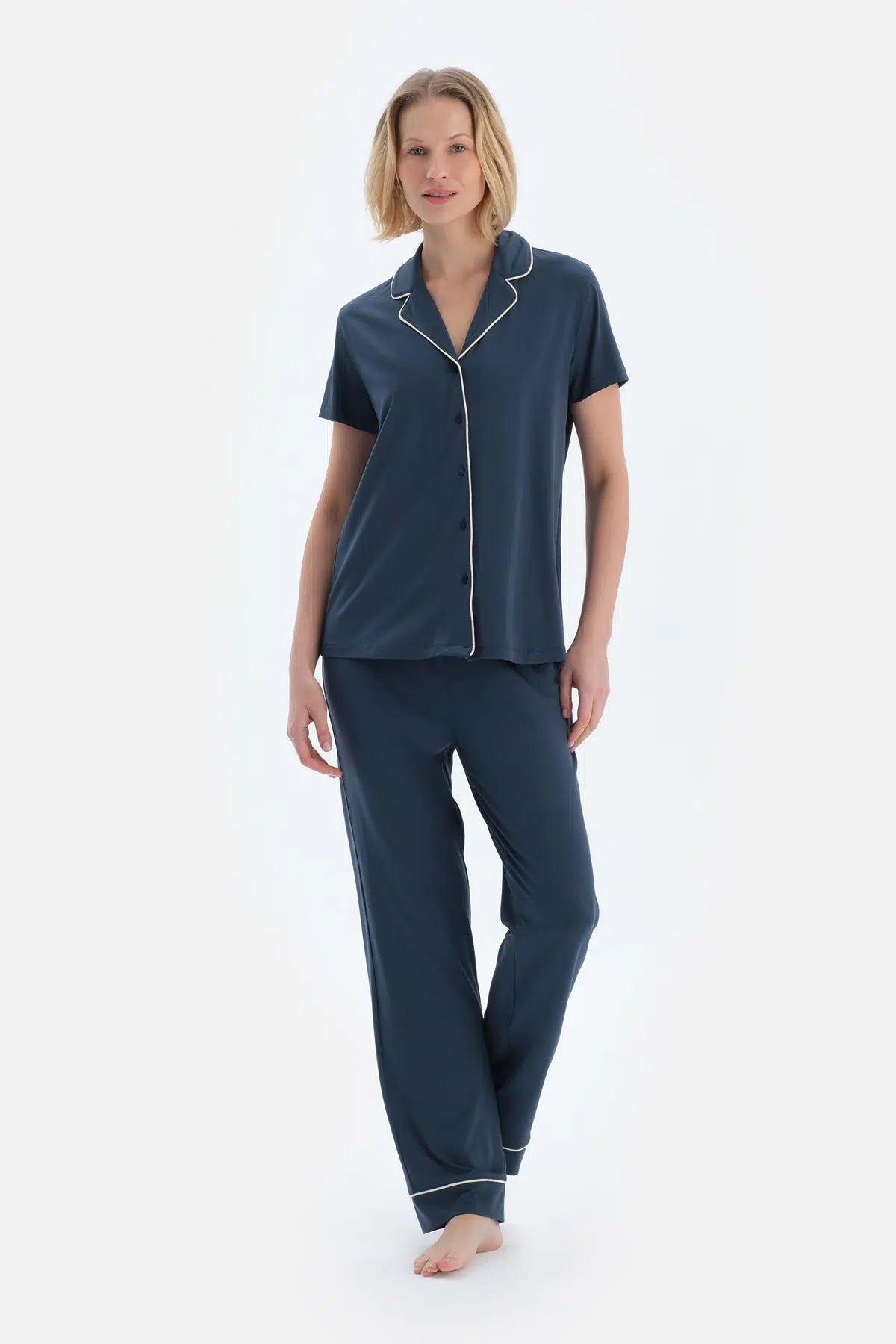 Lacivert Kısa Kollu Basıc Gömlek Pantolon Pijama Takımı