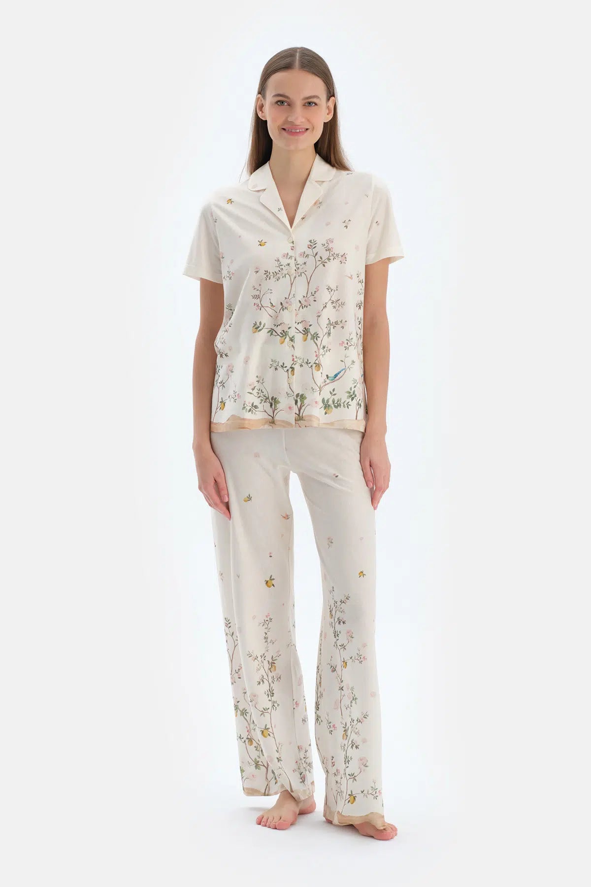 Ekru Çiçek Desenli Gömlek Pantolon Pijama Takımı
