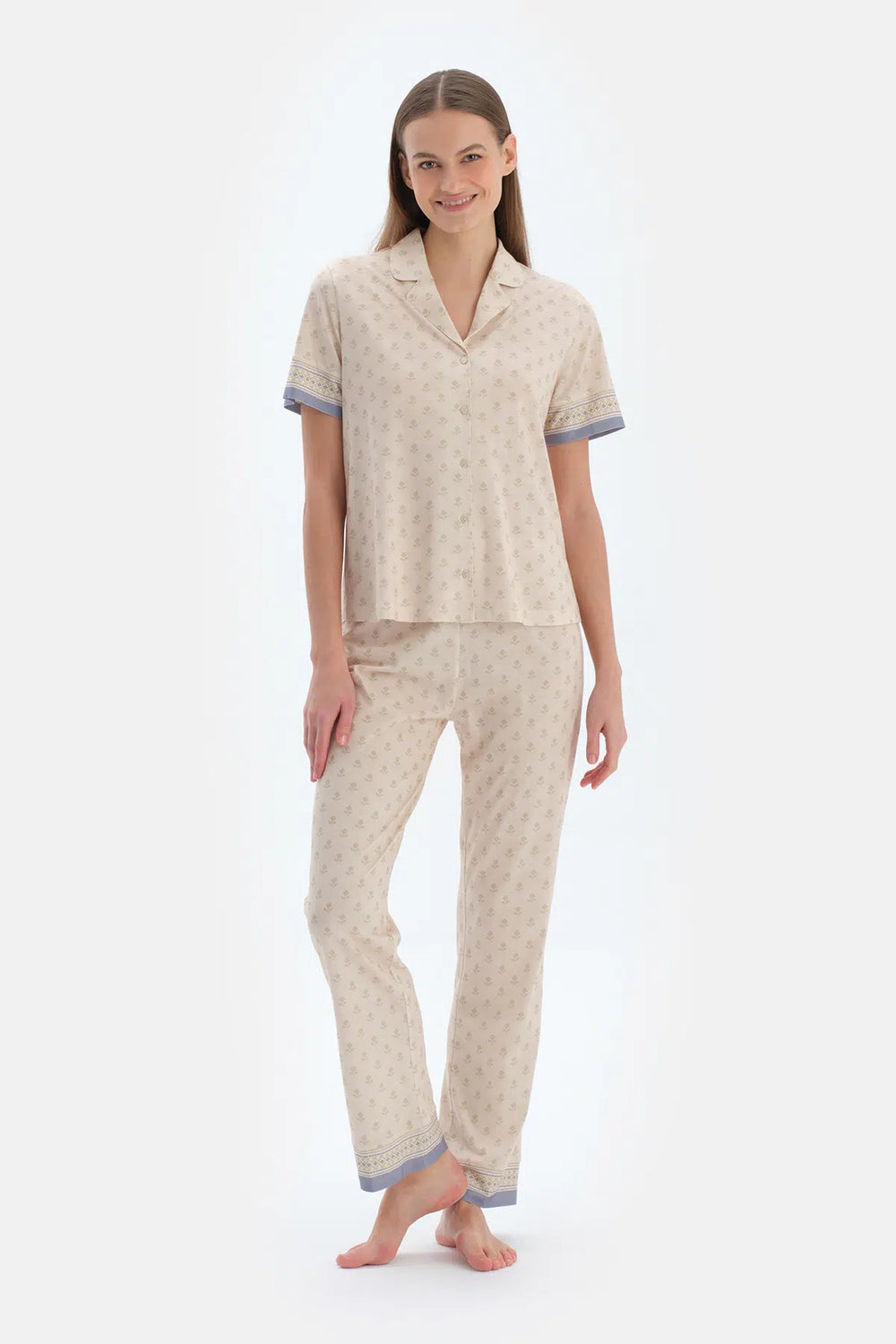 Ekru Çıtır Desenli Gömlek Pantolon Pijama Takımı