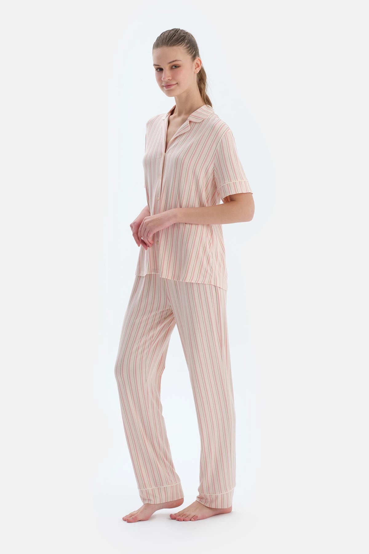 Pembe Çizgili Gömlek Pantolon Pijama Takımı