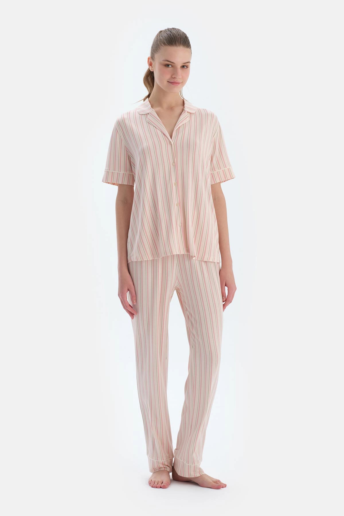 Pembe Çizgili Gömlek Pantolon Pijama Takımı