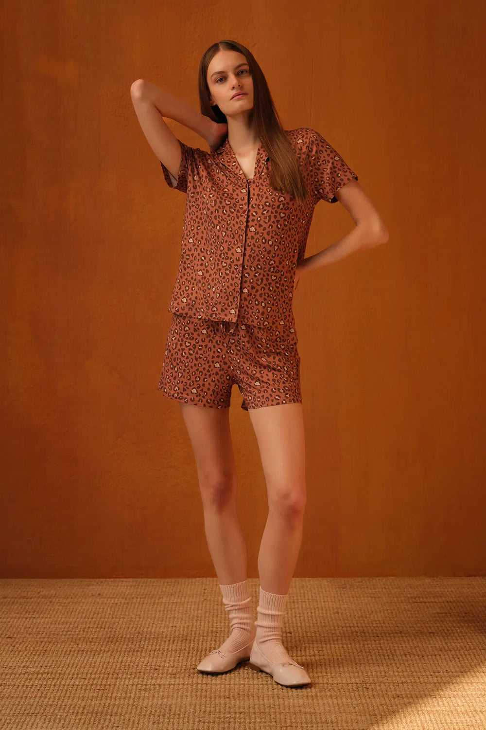 Kiremit Leopar Desenli Gömlek Şort Pijama Takımı
