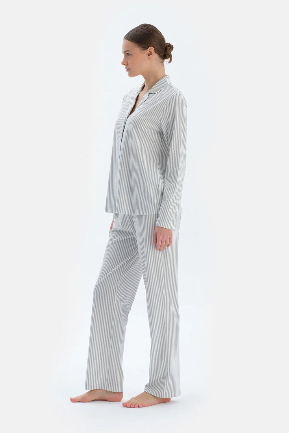 Ada Çayı Çizgili Basıc Gömlek Pantolon Pijama Takımı