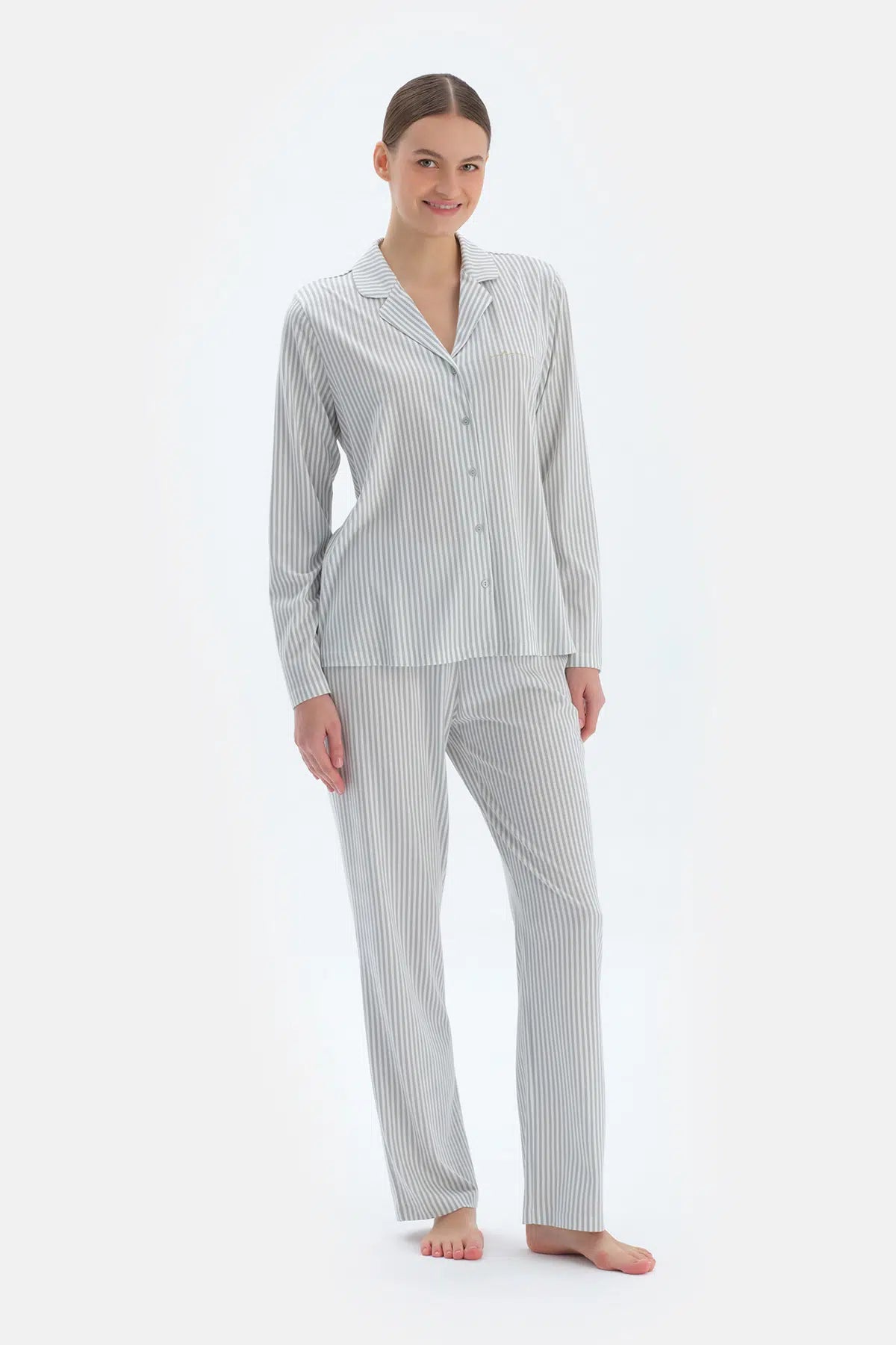 Ada Çayı Çizgili Basıc Gömlek Pantolon Pijama Takımı