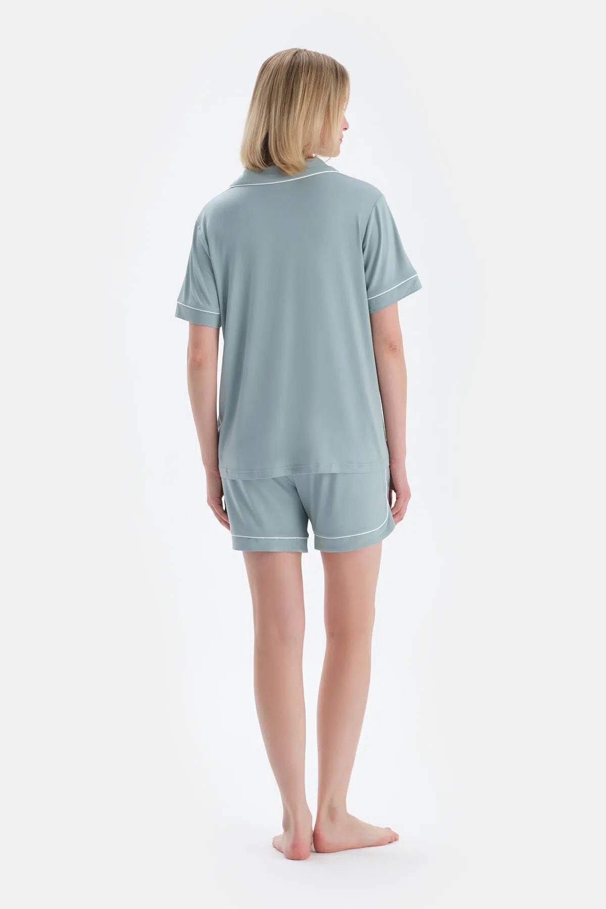 Su Yeşili Cool Touch Biye Detaylı Gömlek Şort Pijama Takımı