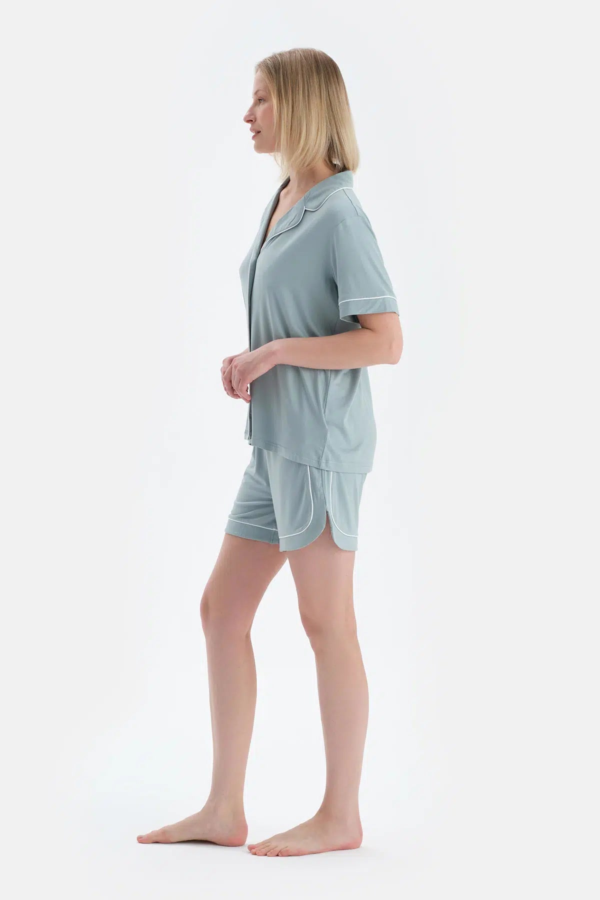 Su Yeşili Cool Touch Biye Detaylı Gömlek Şort Pijama Takımı