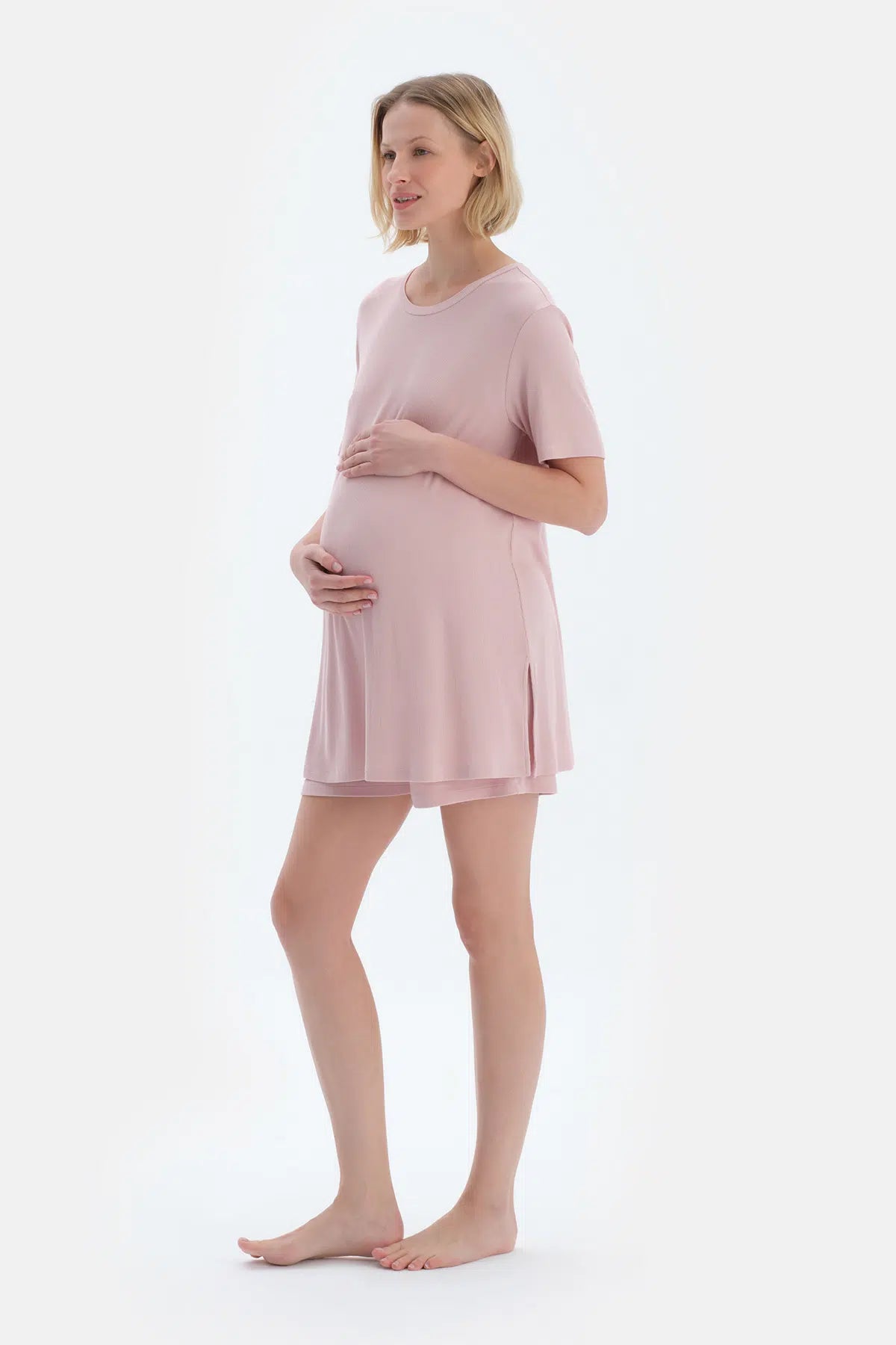 Açık Pembe Kaşkorse Hamile Tişört Şort Pijama Takımı