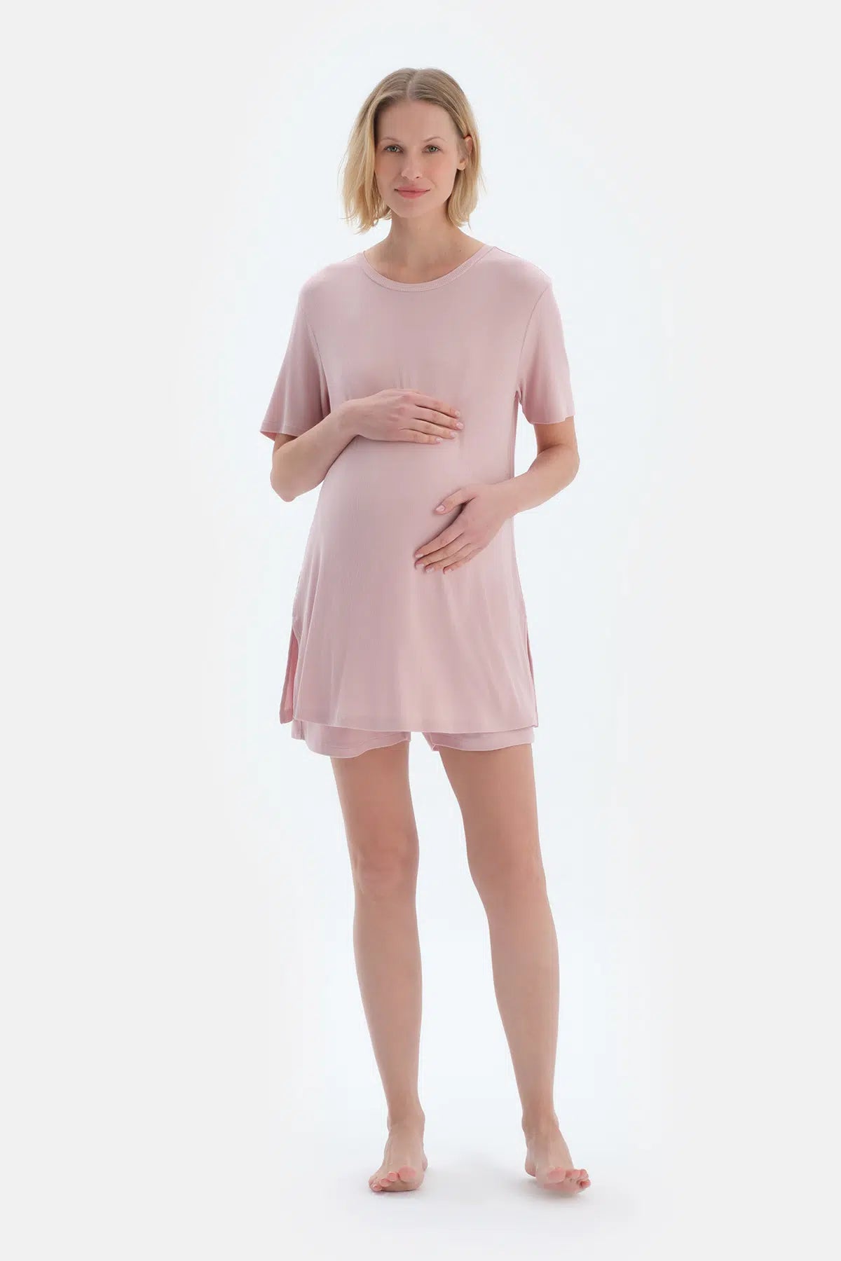 Açık Pembe Kaşkorse Hamile Tişört Şort Pijama Takımı