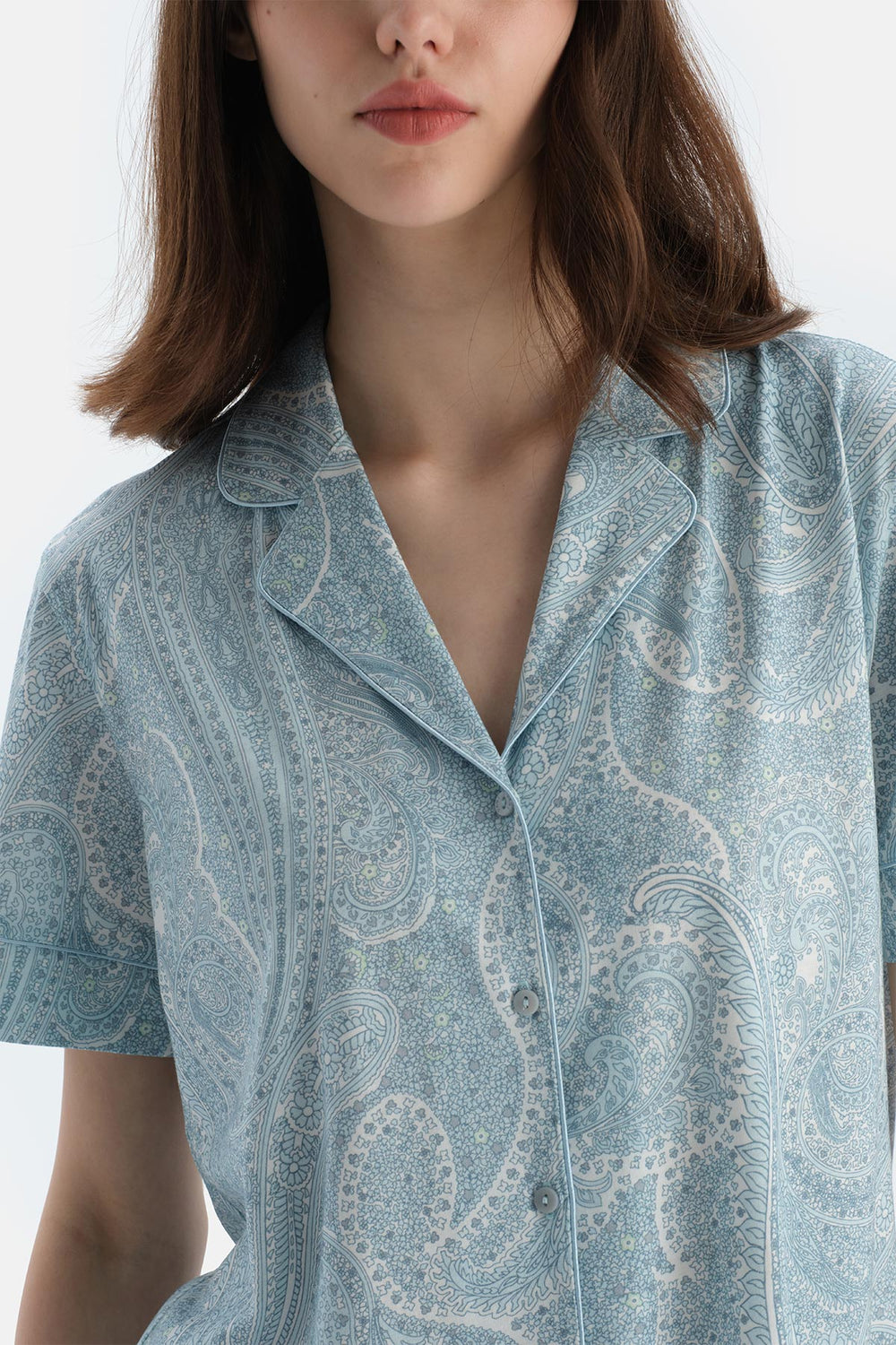 Açık Mavi Şal Desenli Penye Modal Gömlek Şort Pijama Takımı