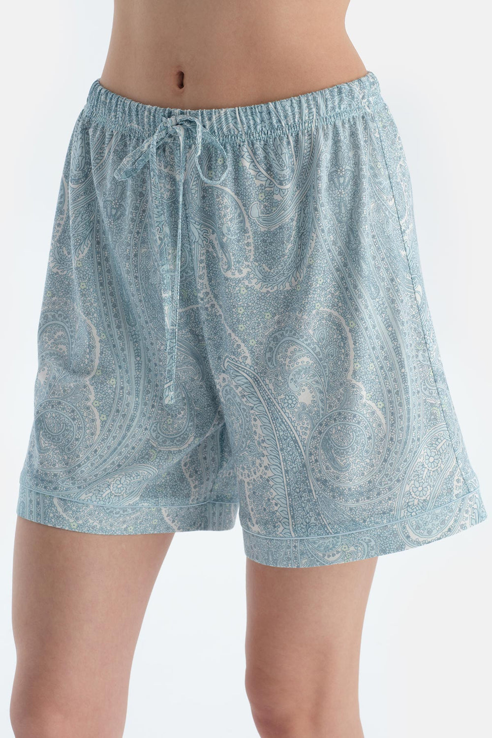 Açık Mavi Şal Desenli Penye Modal Gömlek Şort Pijama Takımı