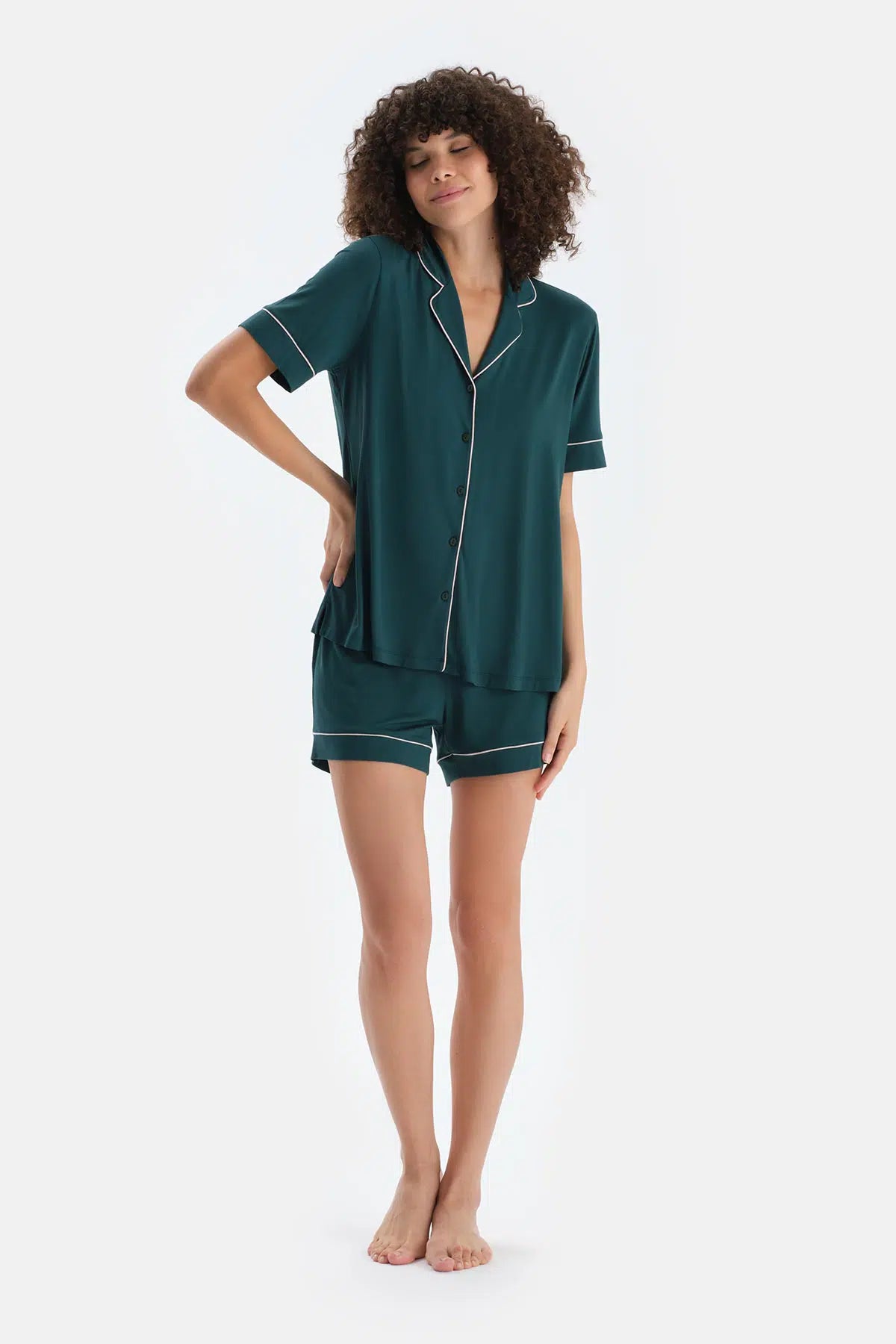 Koyu Yeşil Biye Detaylı Penye Modal Gömlek Şort Pijama Takımı