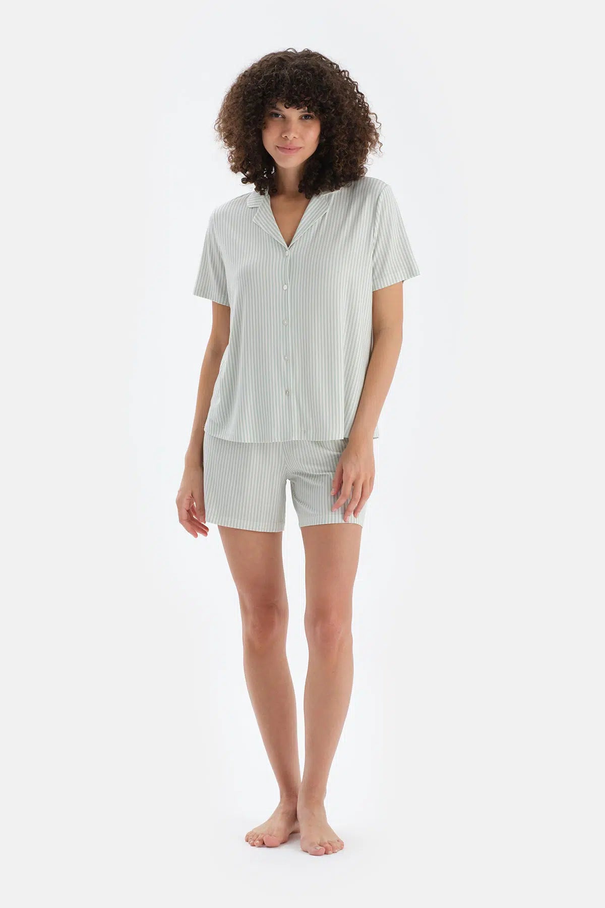 Açık Yeşil Çizgili Penye Modal Gömlek Şort Pijama Takımı