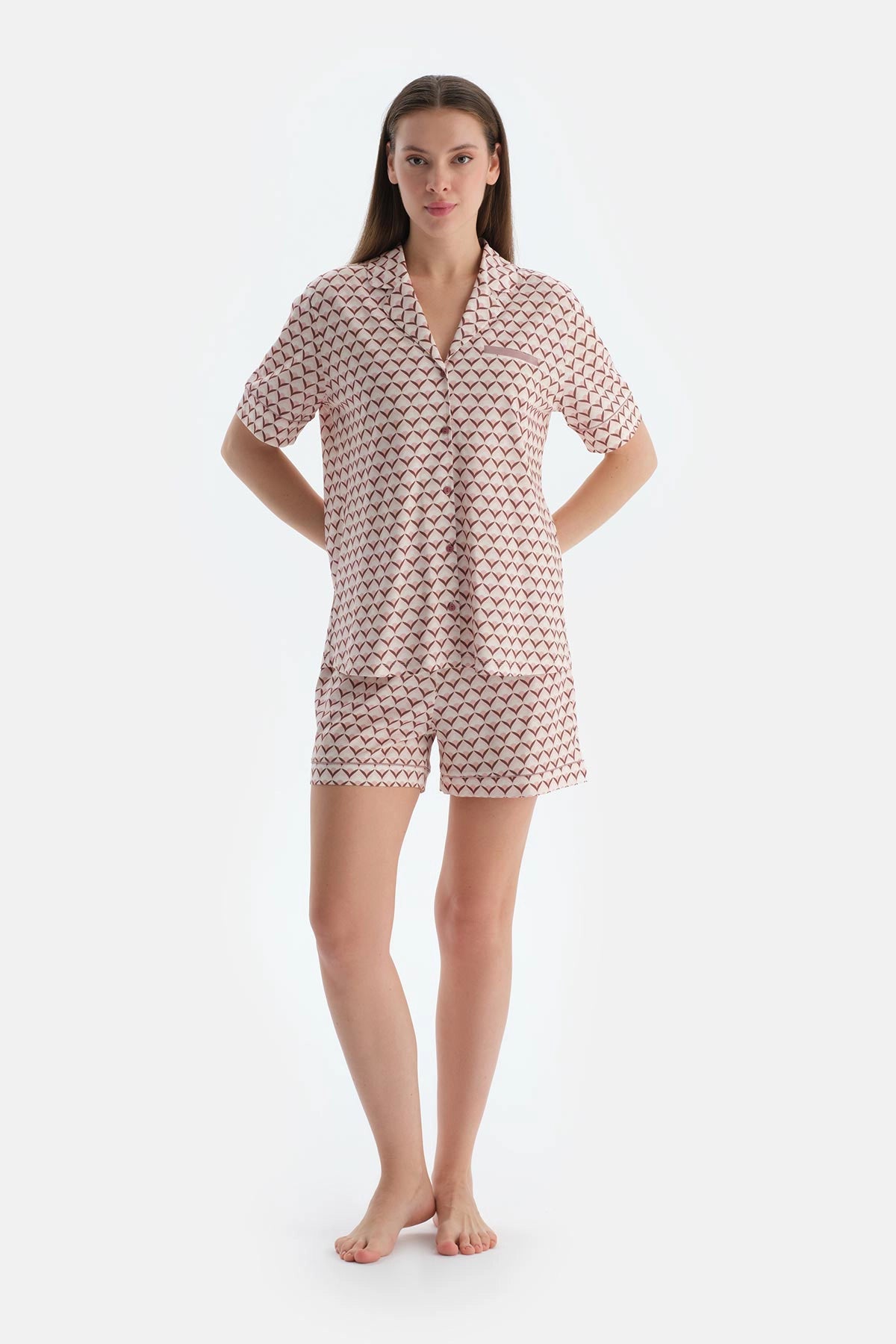 Açık Pembe Metraj Baskılı Penye Modal Gömlek Şort Pijama Takımı