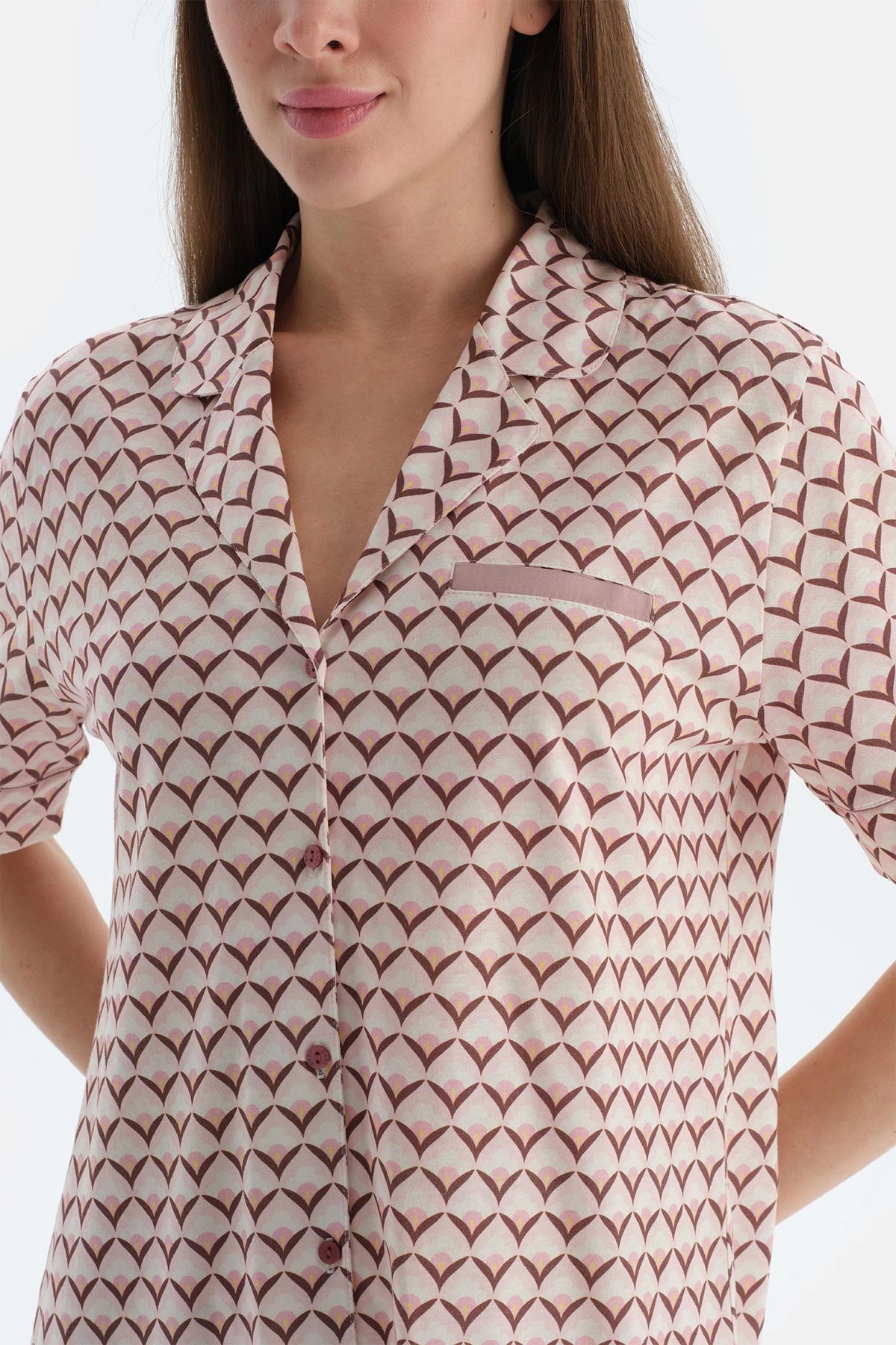 Açık Pembe Metraj Baskılı Penye Modal Gömlek Şort Pijama Takımı