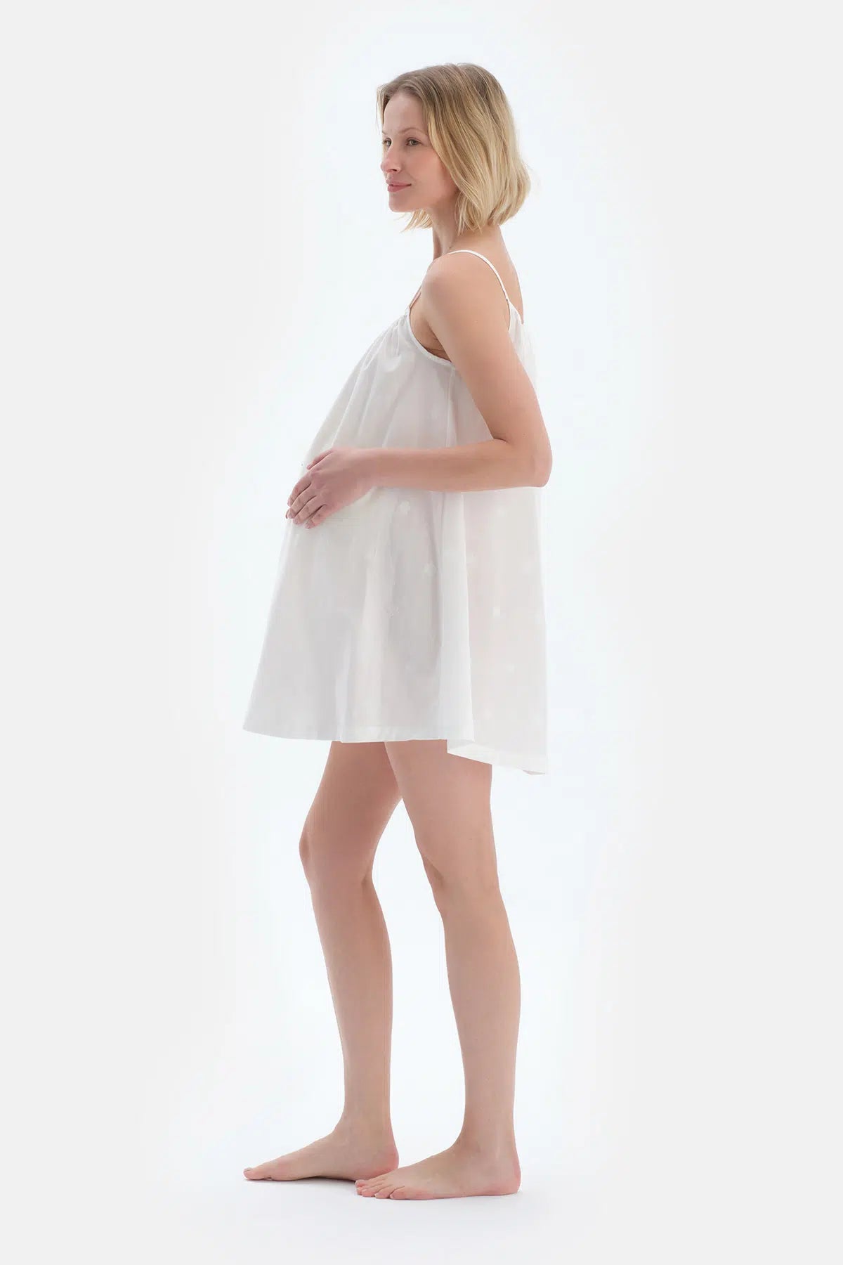 Beyaz Askılı Poplin Dokuma Hamile Gecelik