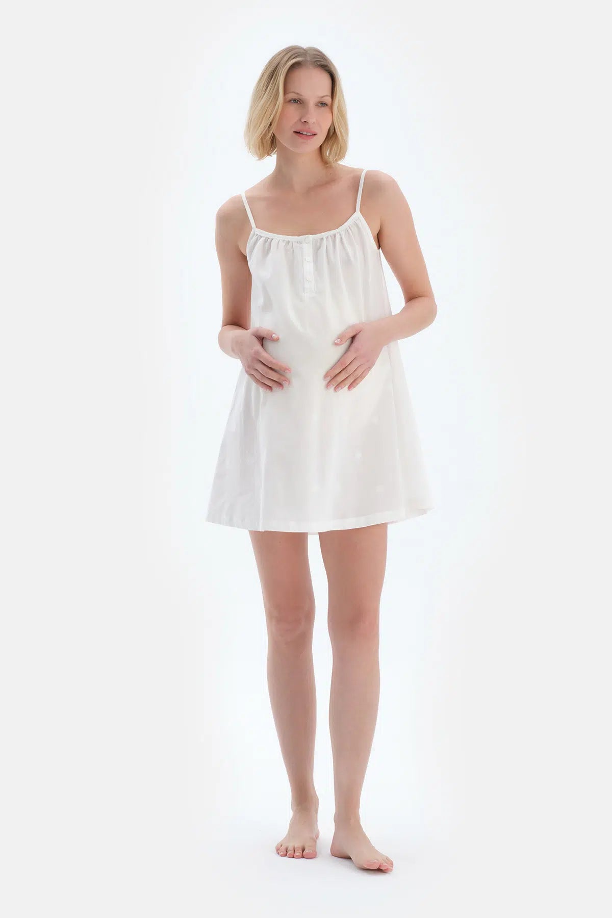 Beyaz Askılı Poplin Dokuma Hamile Gecelik