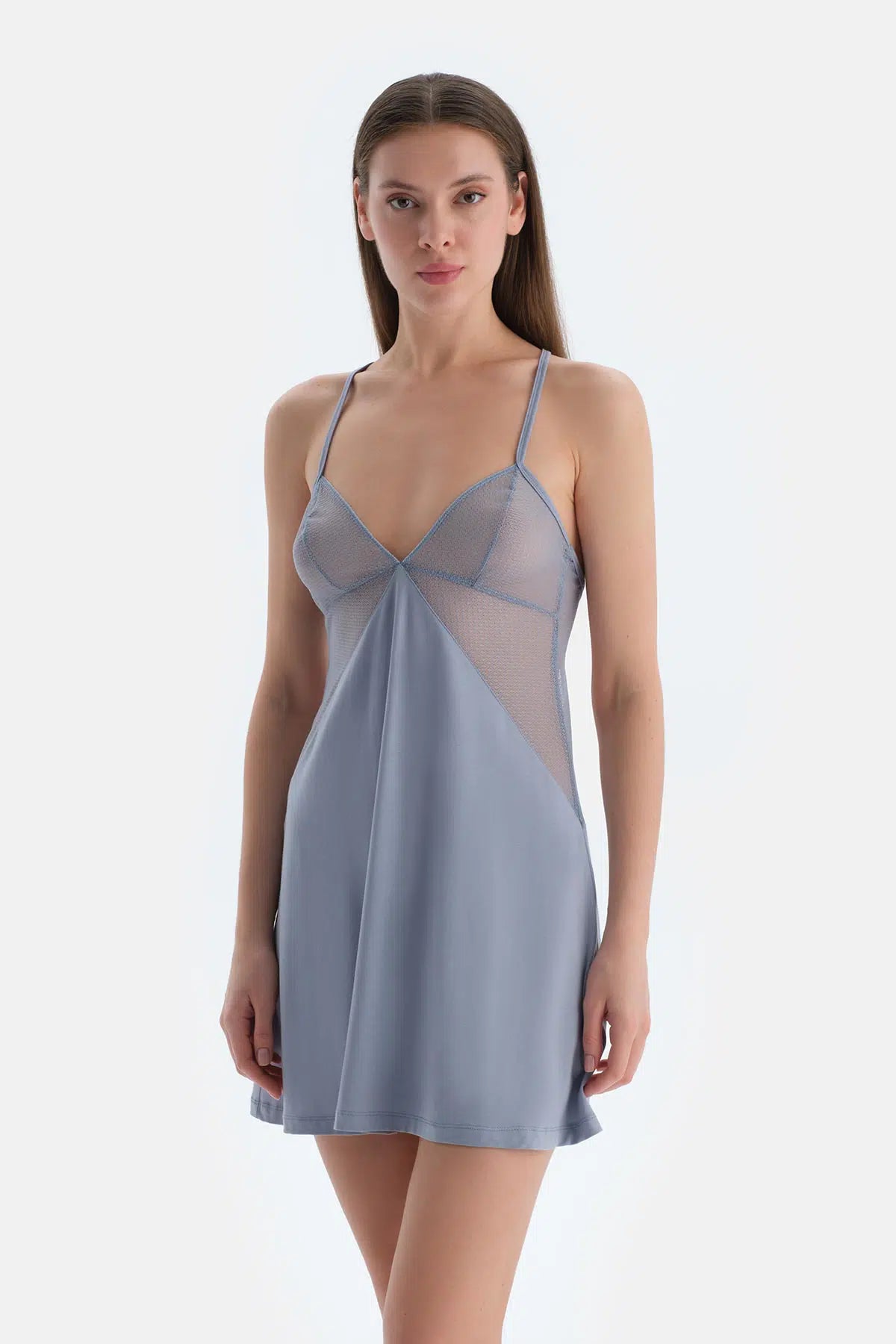 Buz Mavisi Dantel Detaylı Gecelik