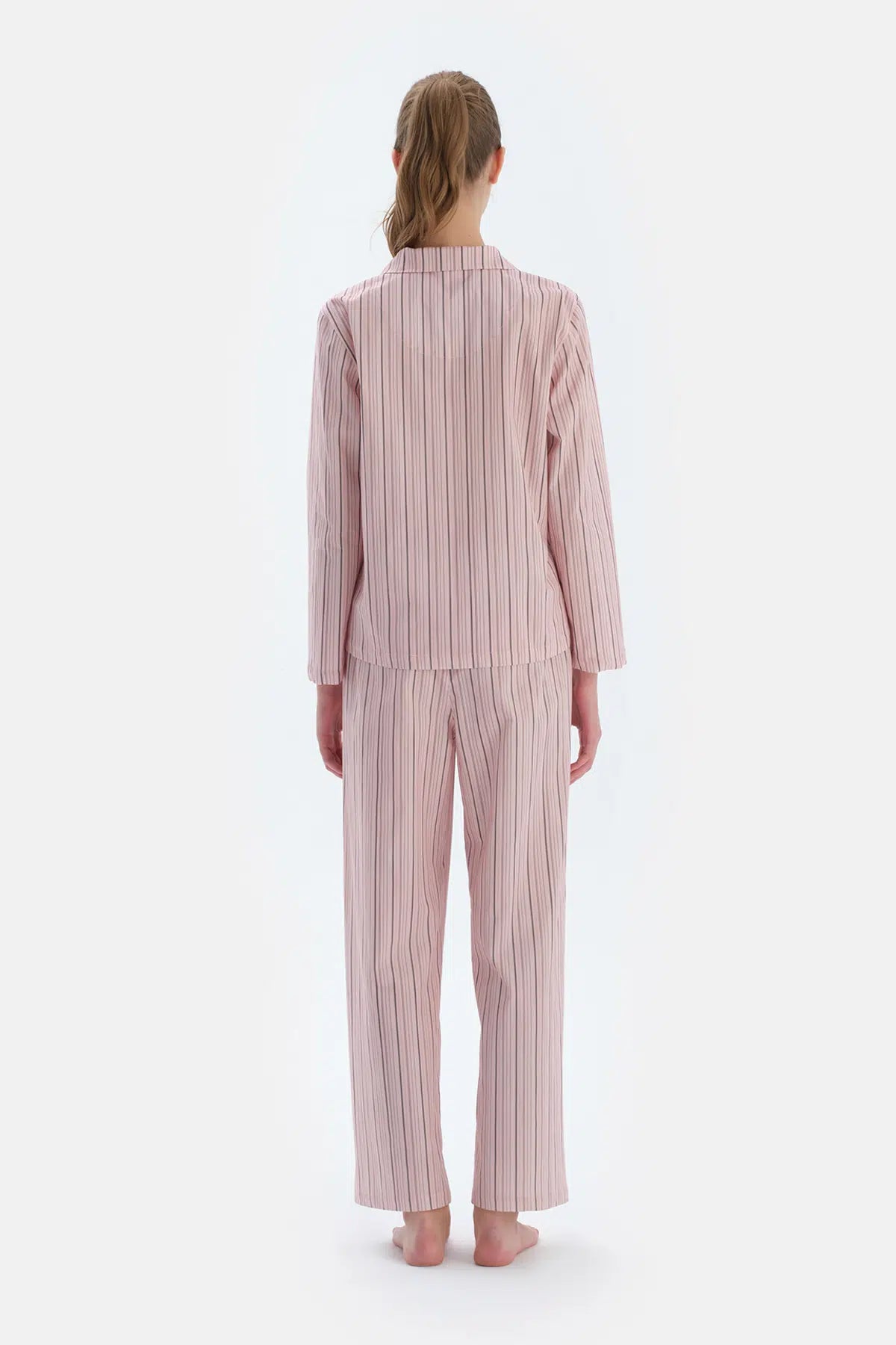 Açık Pembe Çizgili Dokuma Pantolon