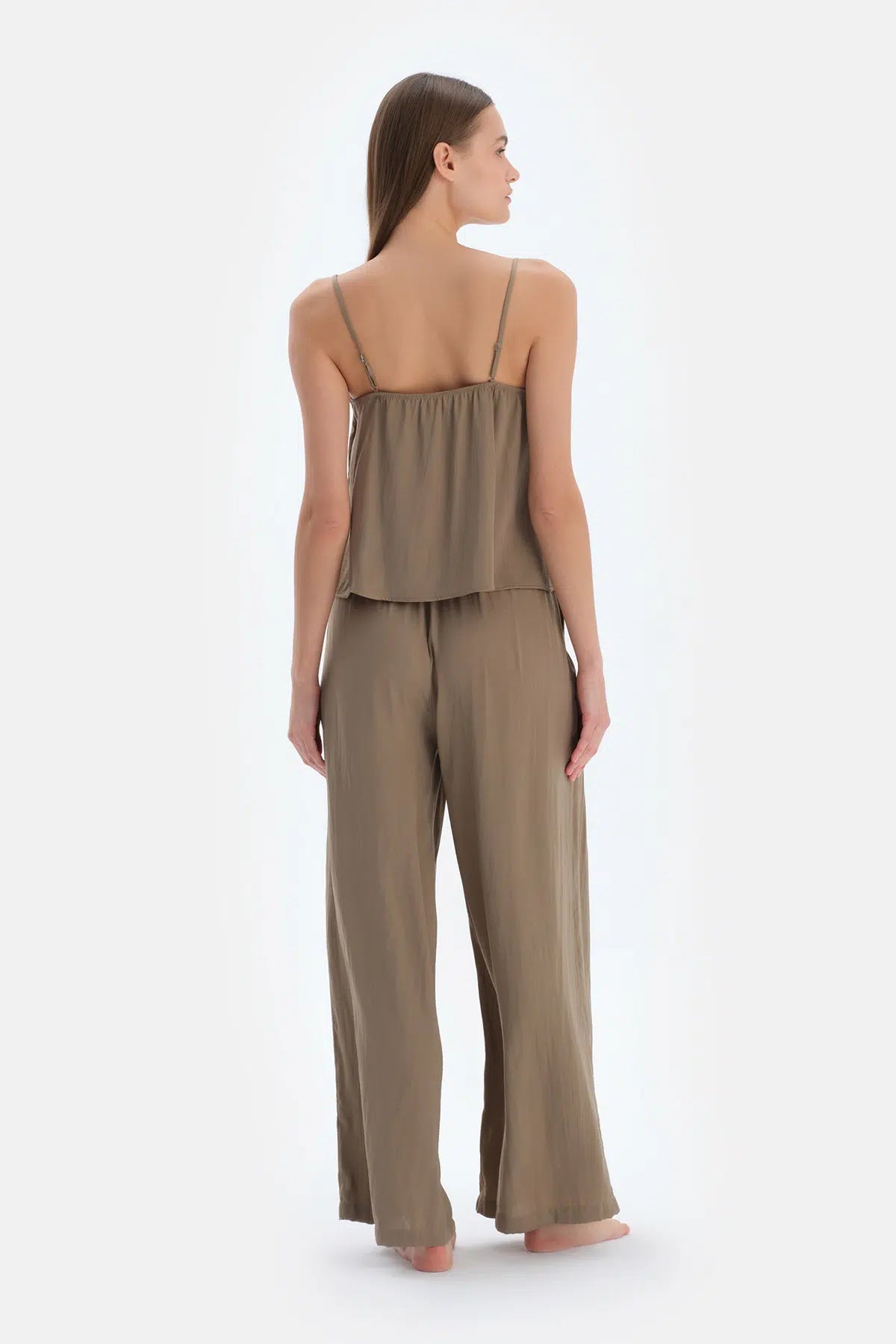 Haki Aksesuar Detaylı Saten Pantolon