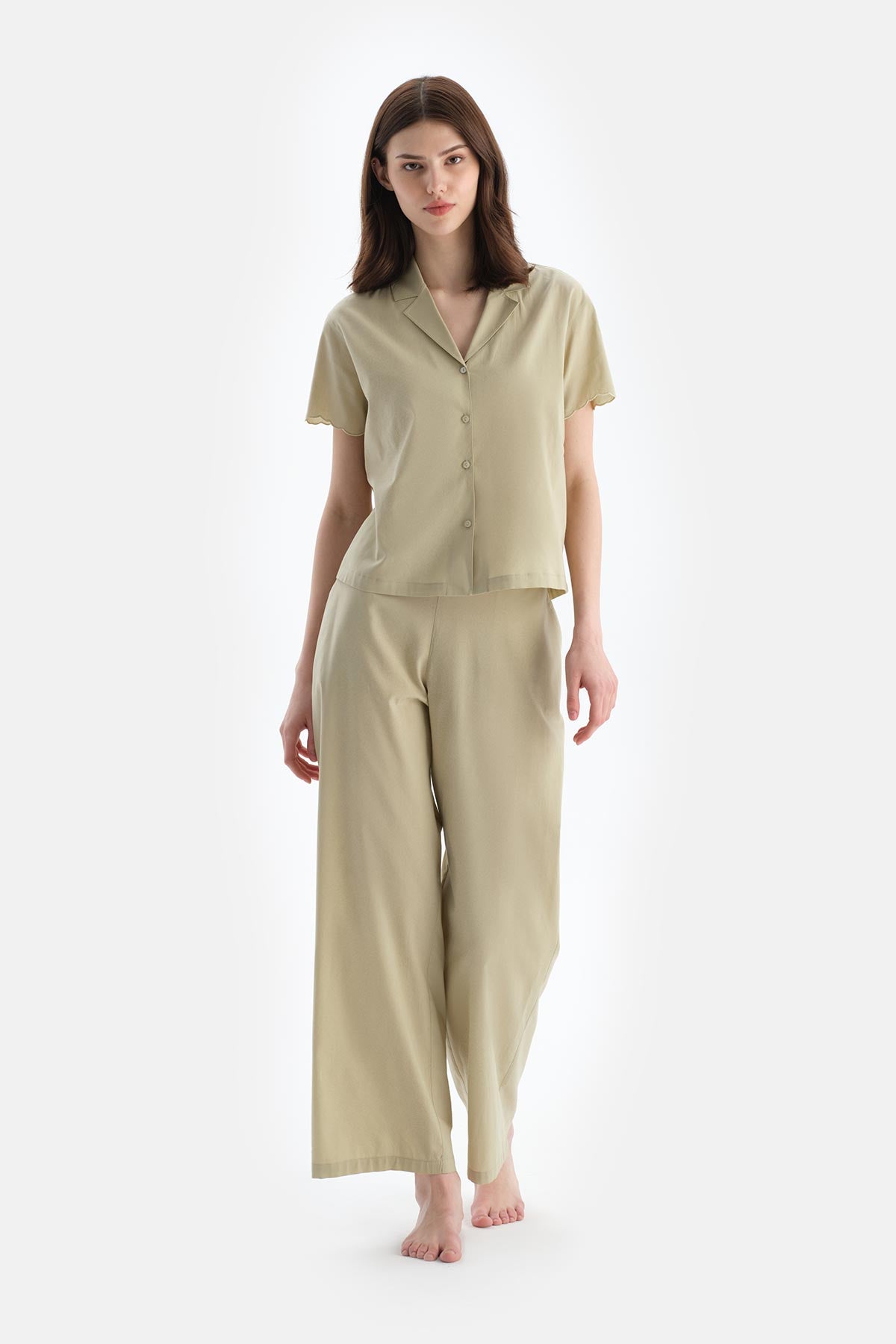 Açık Yeşil Dikiş Detaylı Dokuma Pantolon