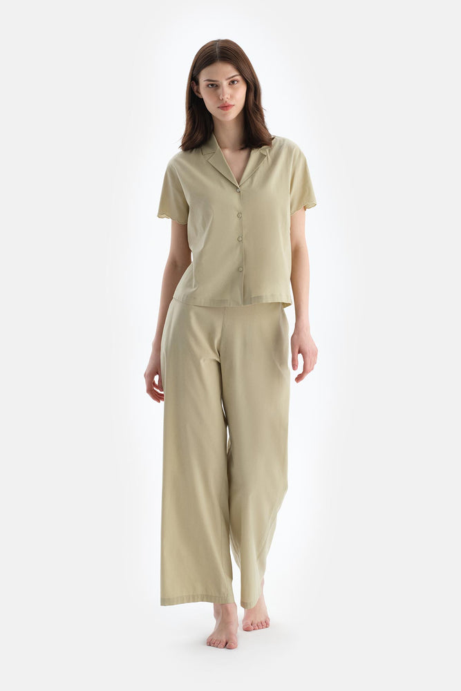 Açık Yeşil Dikiş Detaylı Dokuma Pantolon