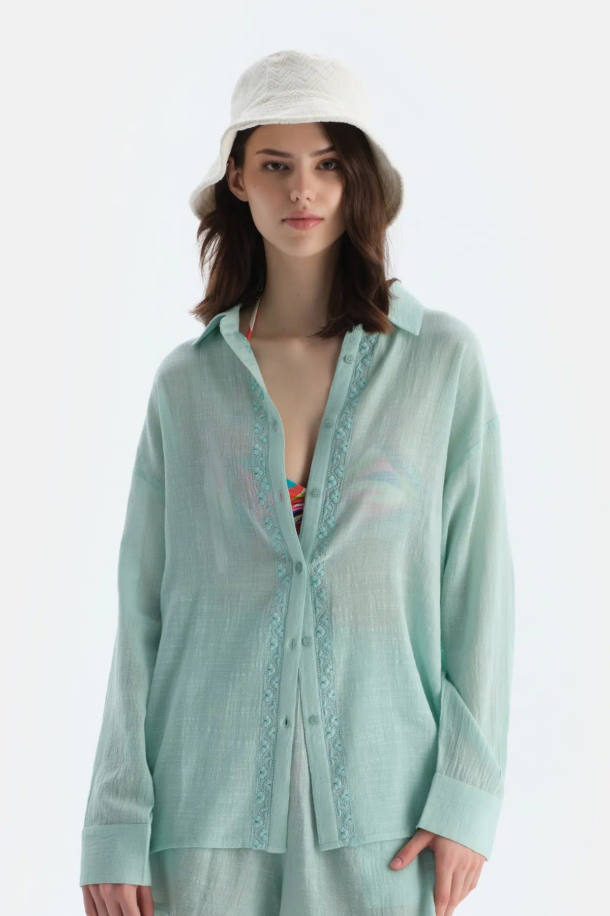 Ekru Kadın Desenli Bucket Şapka