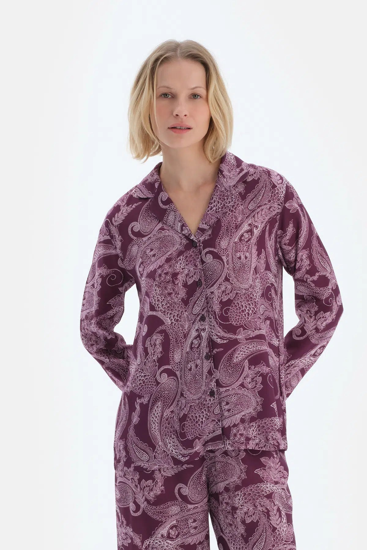 Mürdüm Şal Desenli Dokuma Gömlek