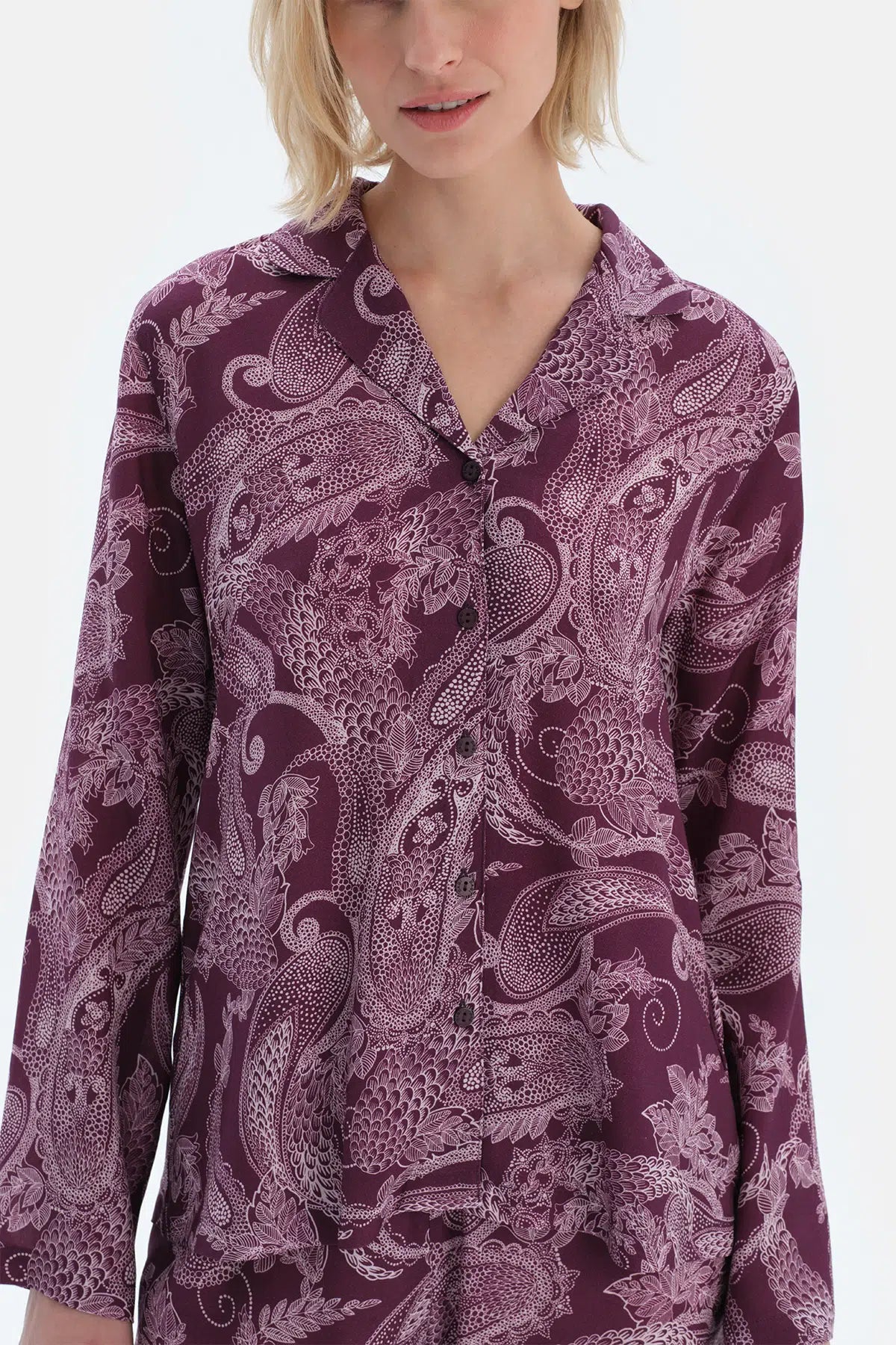 Mürdüm Şal Desenli Dokuma Gömlek