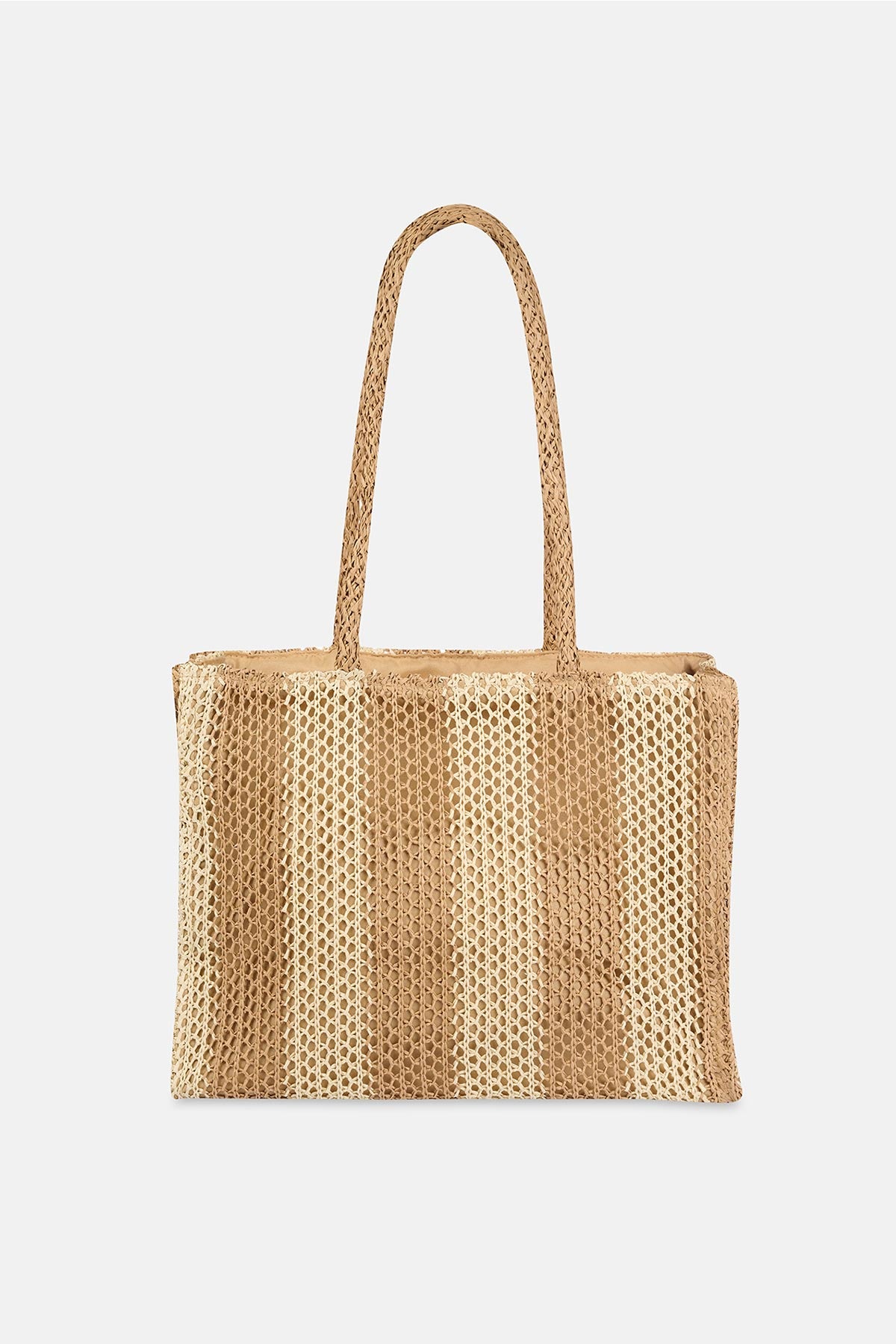 Bej-Ekru Kadın Kalın Çizgili Hasır Plaj Çantası