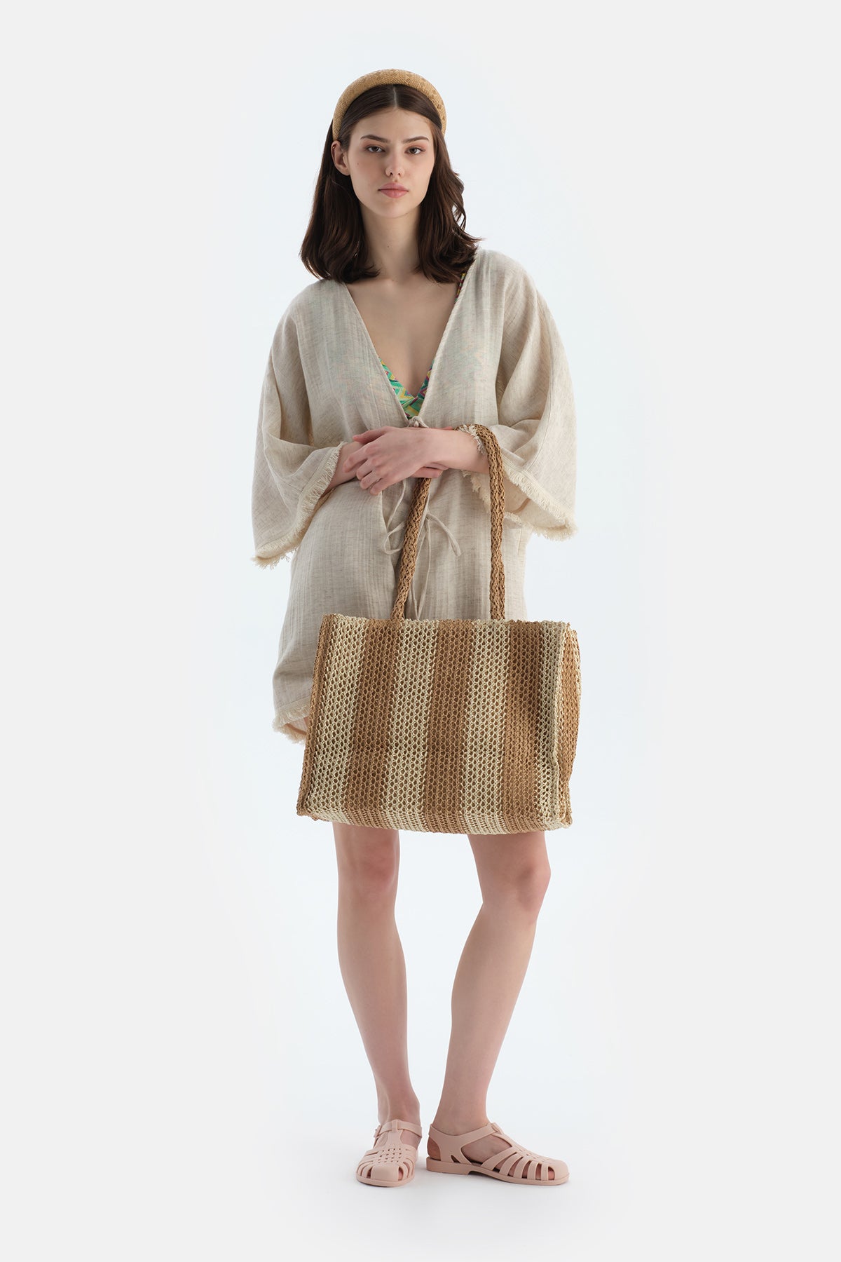 Bej-Ekru Kadın Kalın Çizgili Hasır Plaj Çantası